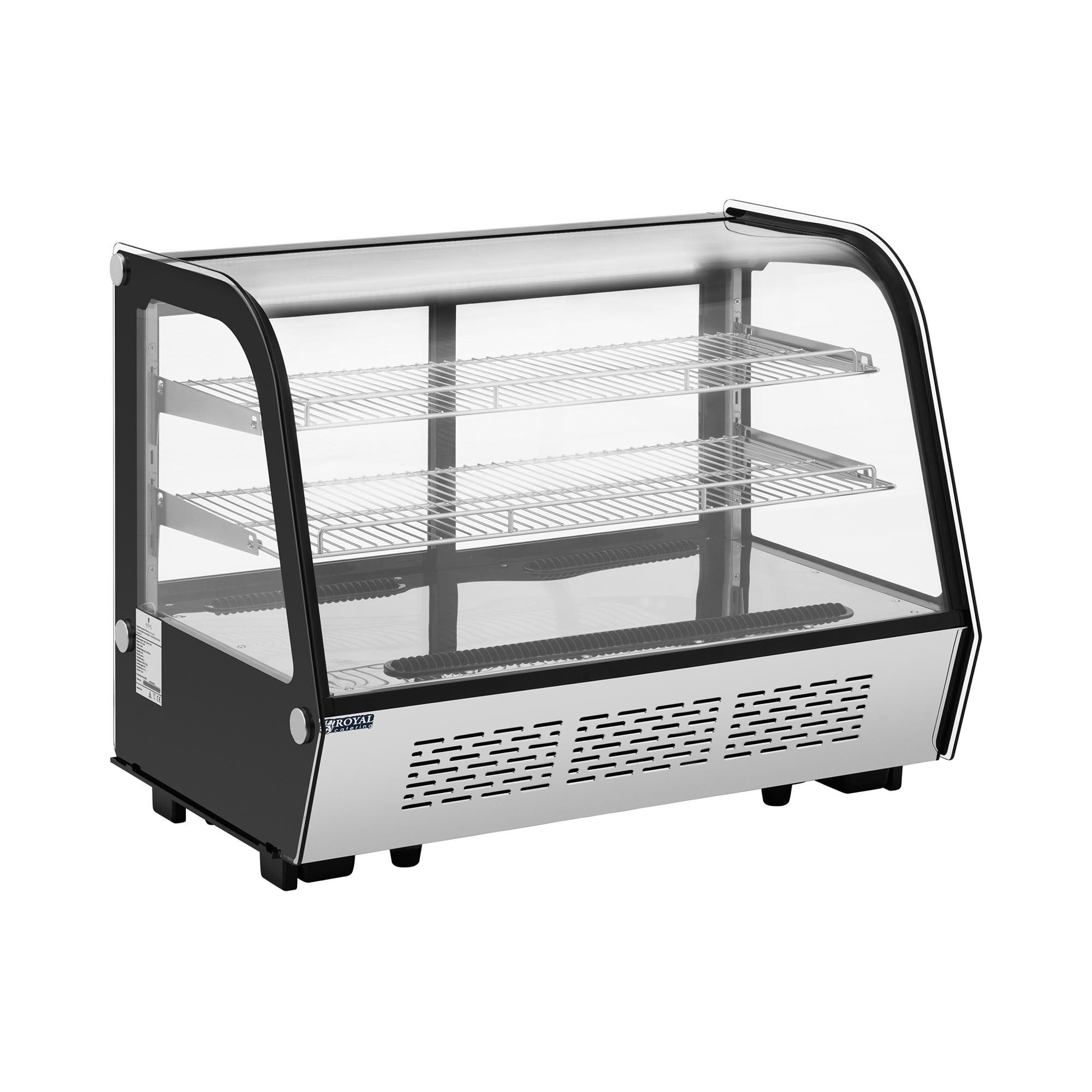 Royal Catering Kühlschrank RCCC-160ST, 69 cm hoch, 57 cm breit, Kühlvitrine 160 L Kuchentheke 3 Ebenen Kühltheke Edelstahl + Glas 2 -