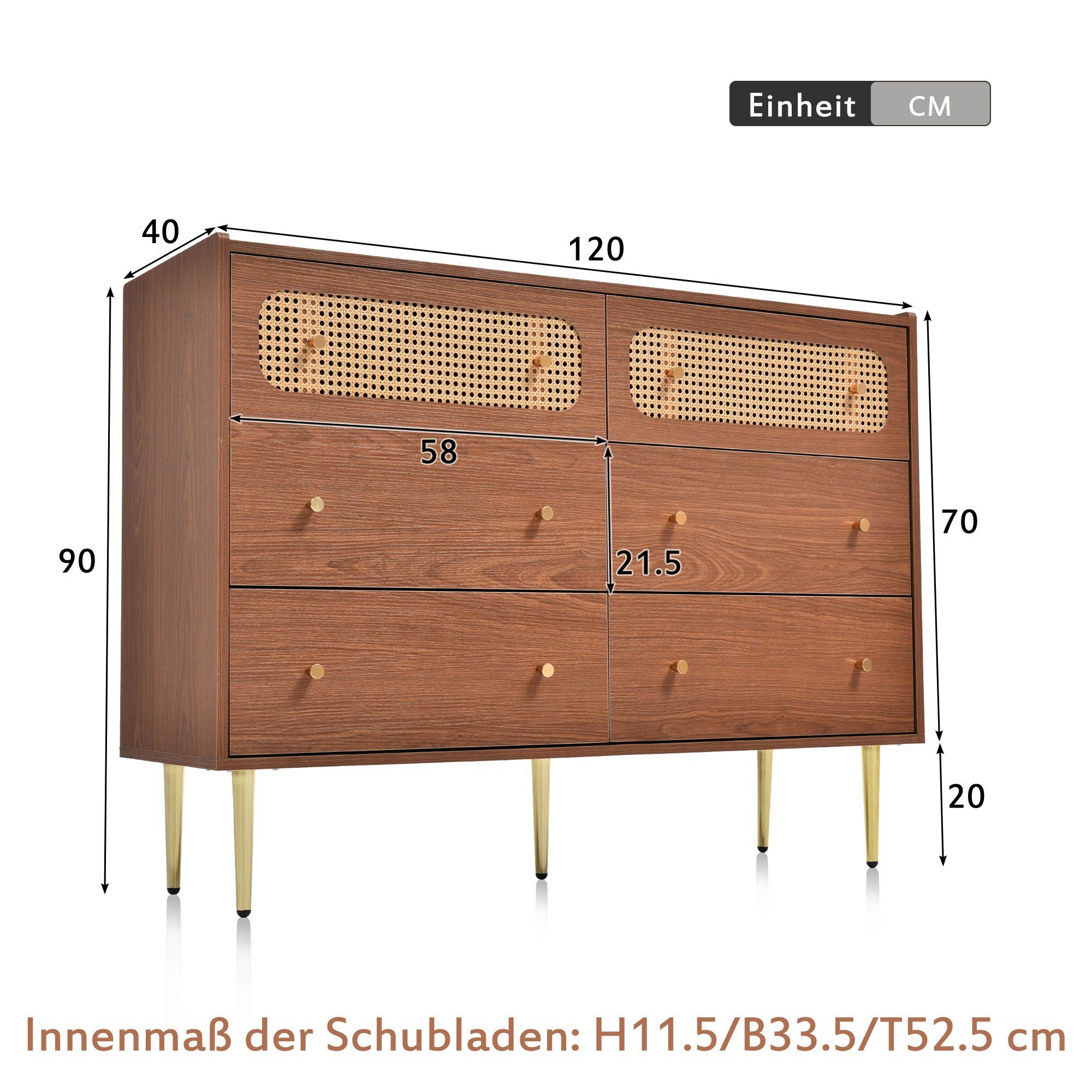 Kommode (Schubladenkommode), Sideboard mit 6 Schubladen, Rattan, Metallgriffe, 120x40x90cm