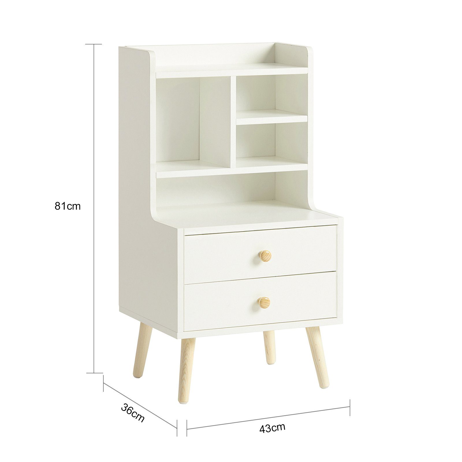 SoBuy Nachttisch FBT100, Nachtschrank mit Kiefernholzbeinen, Schlafzimmer Wohnzimmer, mit 2 Schubladen, Nachtschrank schmal, Beistelltisch, offenes Fach – Bild 4 von 5