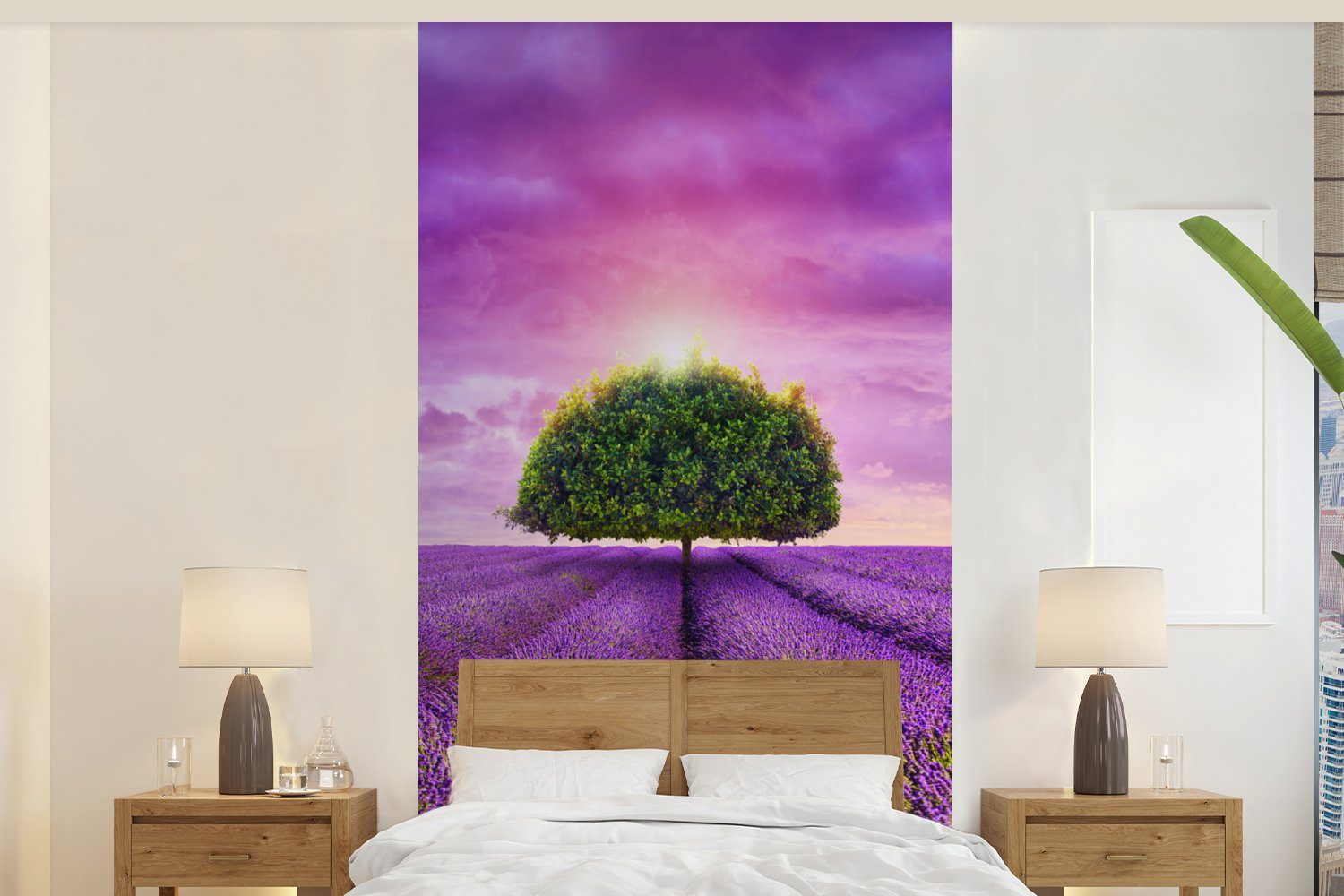 MuchoWow Fototapete Lavendel - Baum - Lila - Wolken, Matt, bedruckt, (2 St), Vliestapete für Wohnzimmer Schlafzimmer Küche, Fototapete | Fototapeten