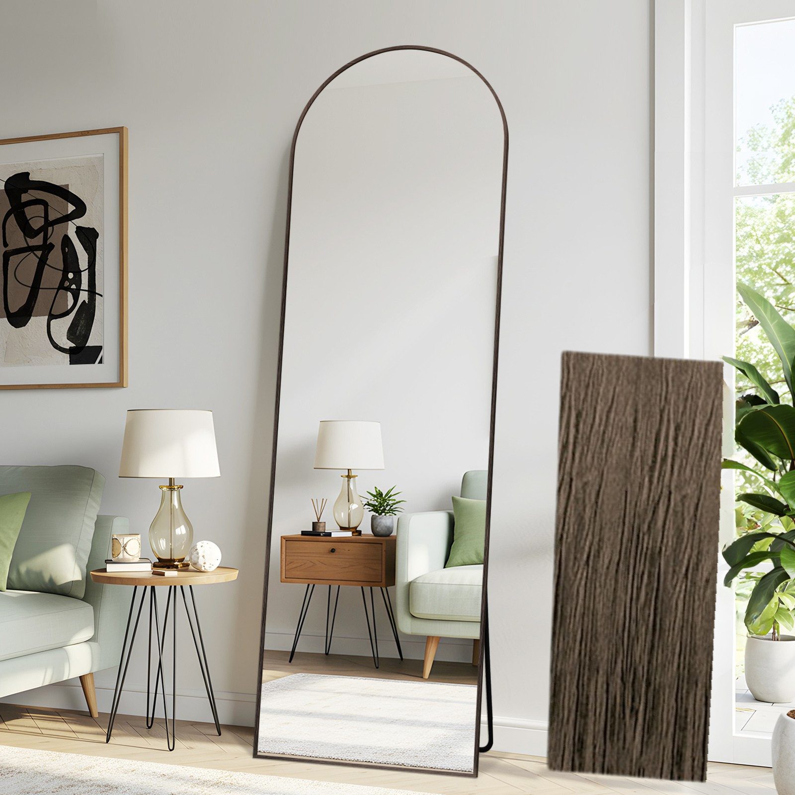 LUNAMIRROR Ganzkörperspiegel Gewölbter Ganzkörperspiegel, Aluminiumrahmen, Ebenholzoptik (1-St), freistehend, anlehnbar oder wandmontierbar, natur
