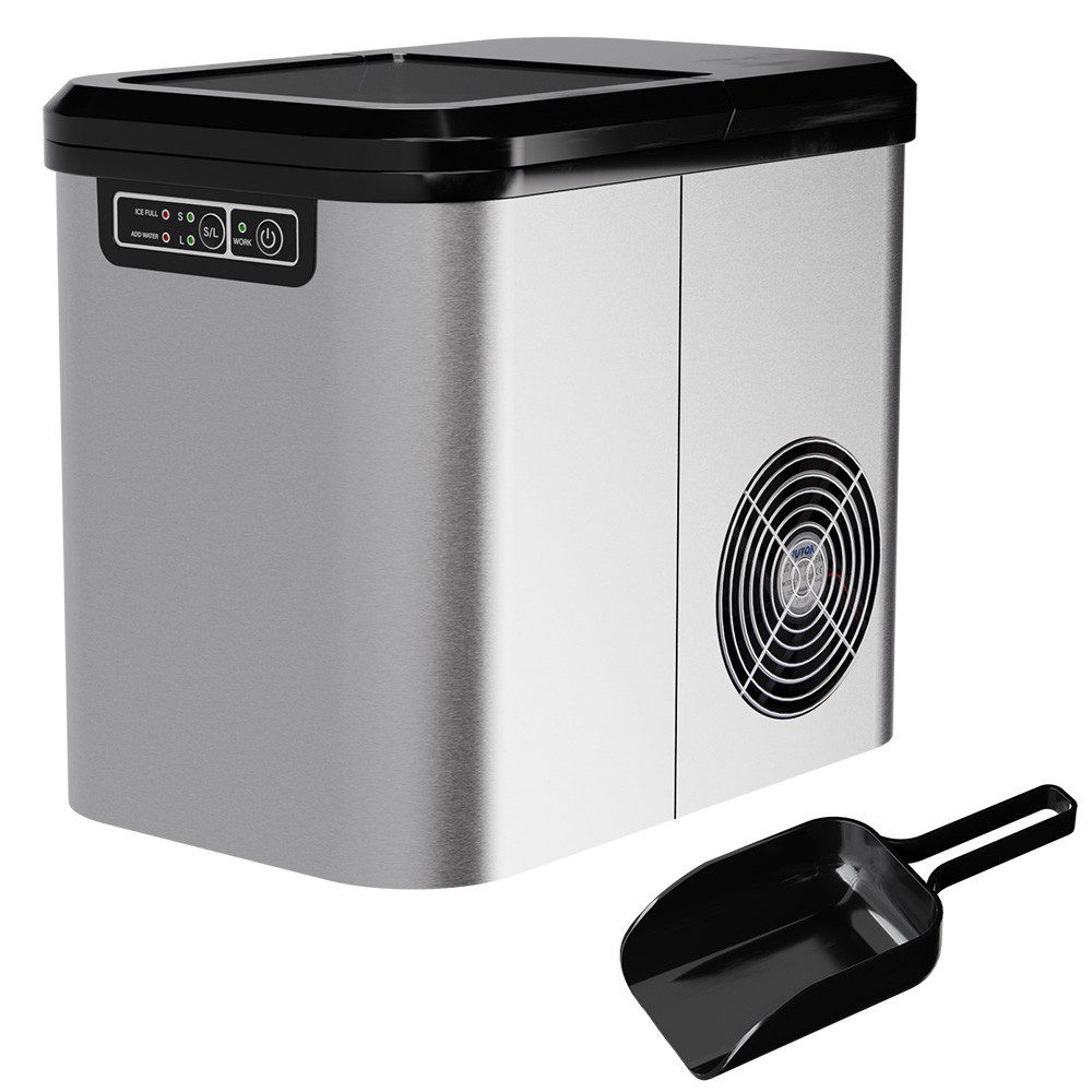 TroniTechnik Eiswürfelmaschine Eiswürfelmaschine Ice Maker Eiswürfelbereiter inkl. Schaufel, Behälter, 2,2 Liter Wassertank, 12kg/24h, Würfelgrößen S/L, 150W, silber