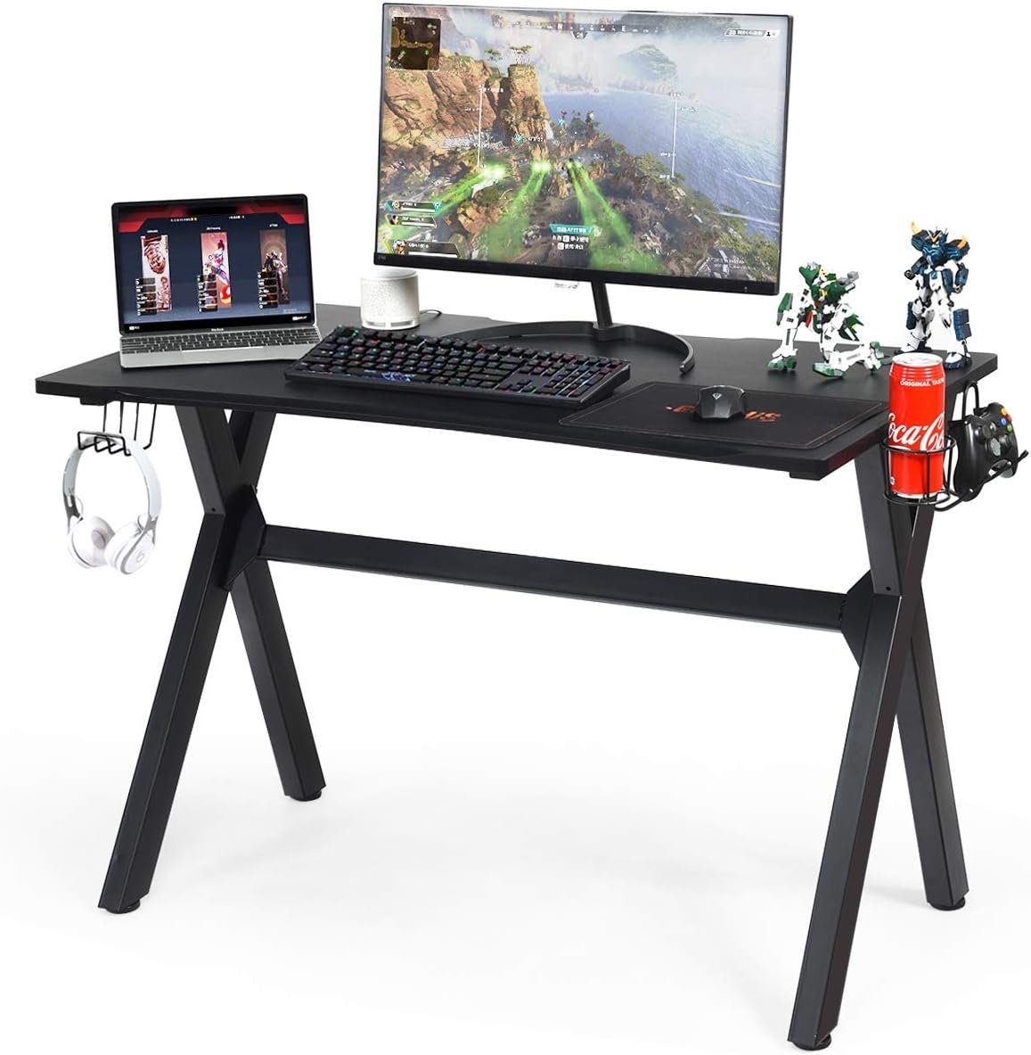 KOMFOTTEU Computertisch X-Förmiger Gaming Tisch, PC Tisch mit Getränkehalter, Kopfhörerhalter