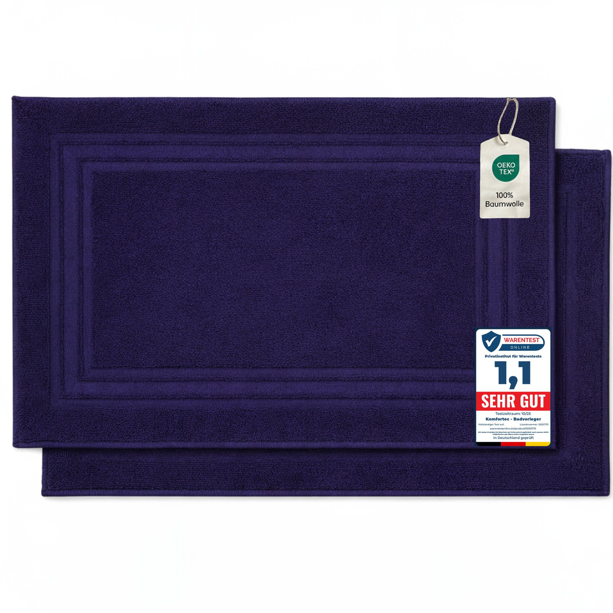 Komfortec Badematte Badvorleger aus 100% Baumwolle, 50x70 cm Duschvorleger, Waschbar Duschmatte, Frottee, Rechteckig, 600 g/m², 2er Set, Saugfähig & Schnelltrocknend