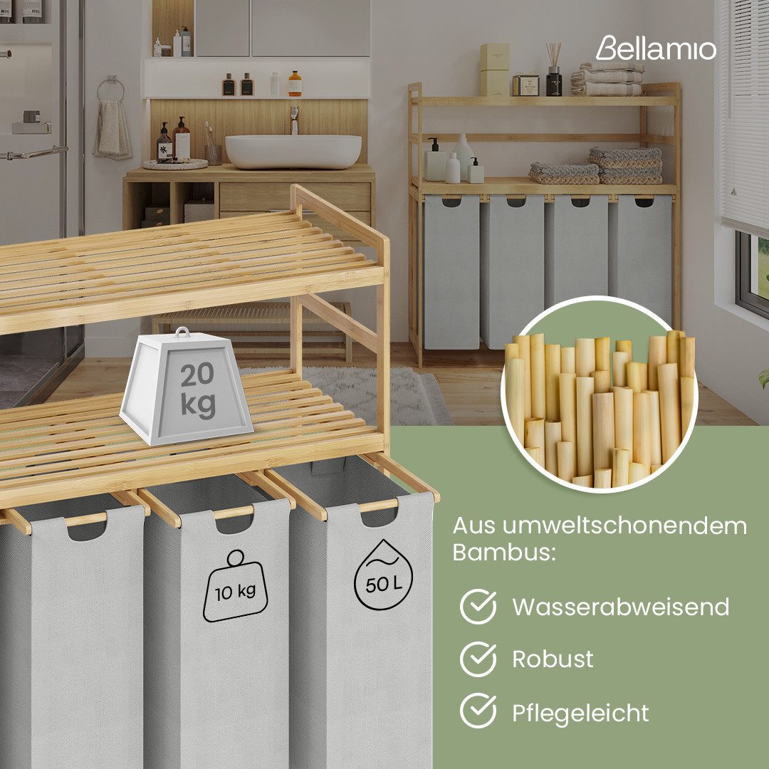 Bellamio Wäschekorb Newa aus Bambus (4 Fächer mit 2 Ablagen, Hellgrau 200 L), ausziehbare & abnehmbare Wäschesäcke aus Oxford-Gewebe – Bild 3 von 5