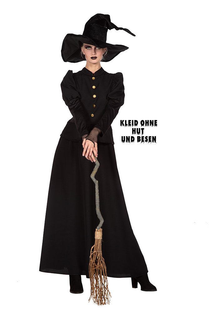 Karneval-Klamotten Hexen-Kostüm Damen klassisches lang schwarz hochwertig, Halloweenkostüm Frauenkostüm schwarze Hexe langes Hexenkleid