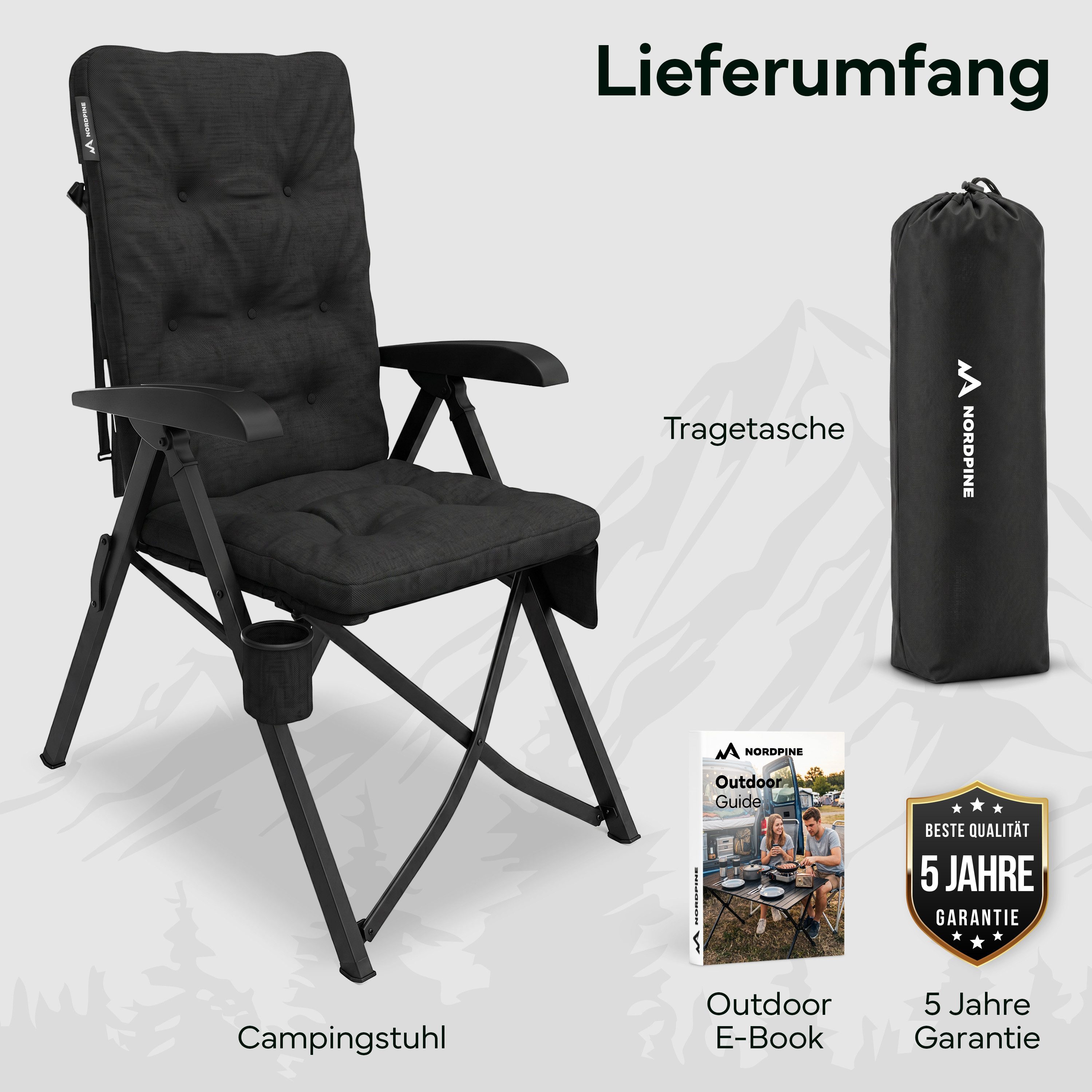 NEOLYMP Campingstuhl Faltbarer Campingstuhl bis 150 kg mit Getränkehalter & Taschen, Gestell aus Aluminium