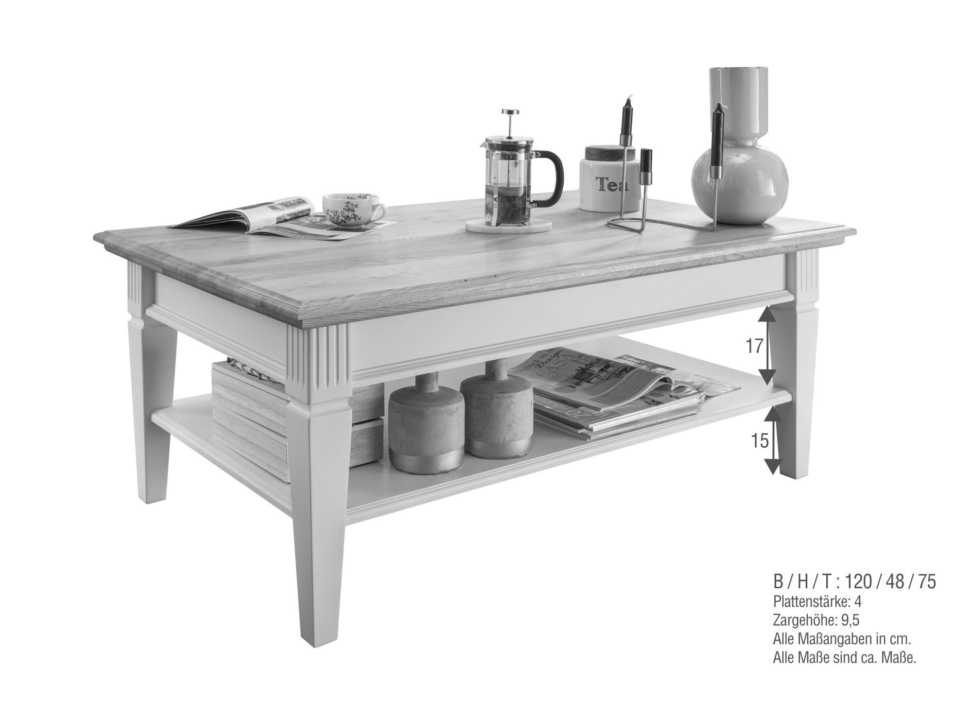 Casamia Couchtisch Couchtisch Wohnzimmer Tisch Monza 120x75cm Massivholz Pinie weiß