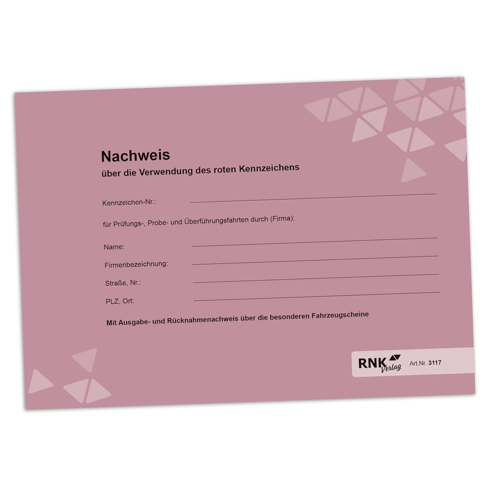Formularblock RNK Nachweisbuch Rote Kennzeichen