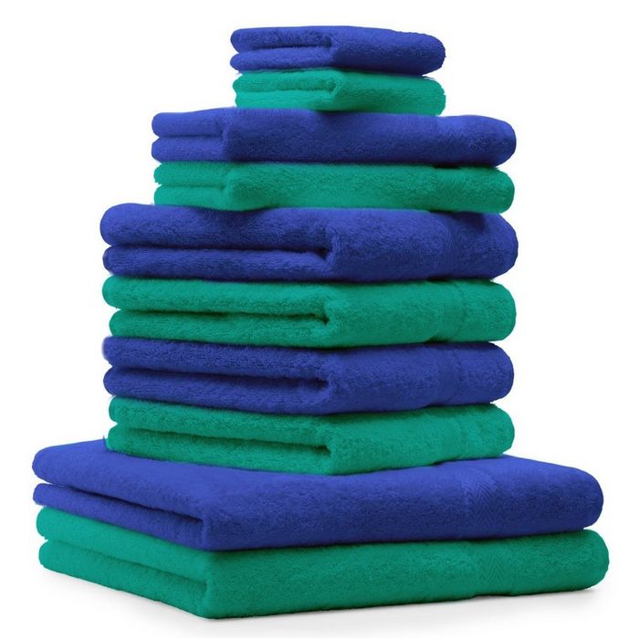 Betz Handtuch Set 10 TLG. Handtuch Set Premium 100% Baumwolle 2 Duschtücher 4 Handtücher 2 Gästetücher 2 Waschhandschuhe Farbe Smaragd Grün & Royal Blau 100% Baumwolle