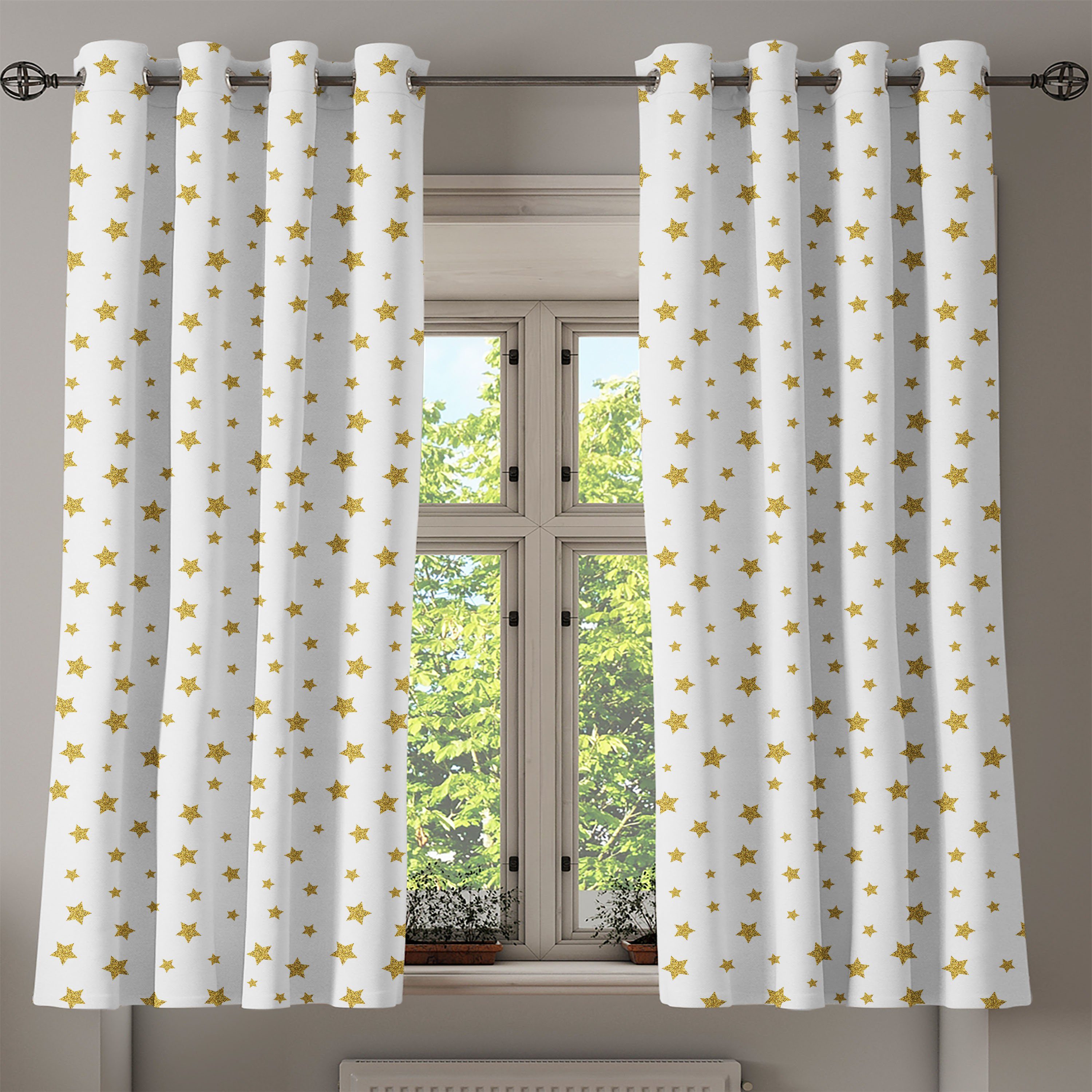 für Schlafzimmer Wohnzimmer, Abakuhaus, Gardine Dekorative Geburtstag Gelb-Sterne-Muster 2-Panel-Fenstervorhänge