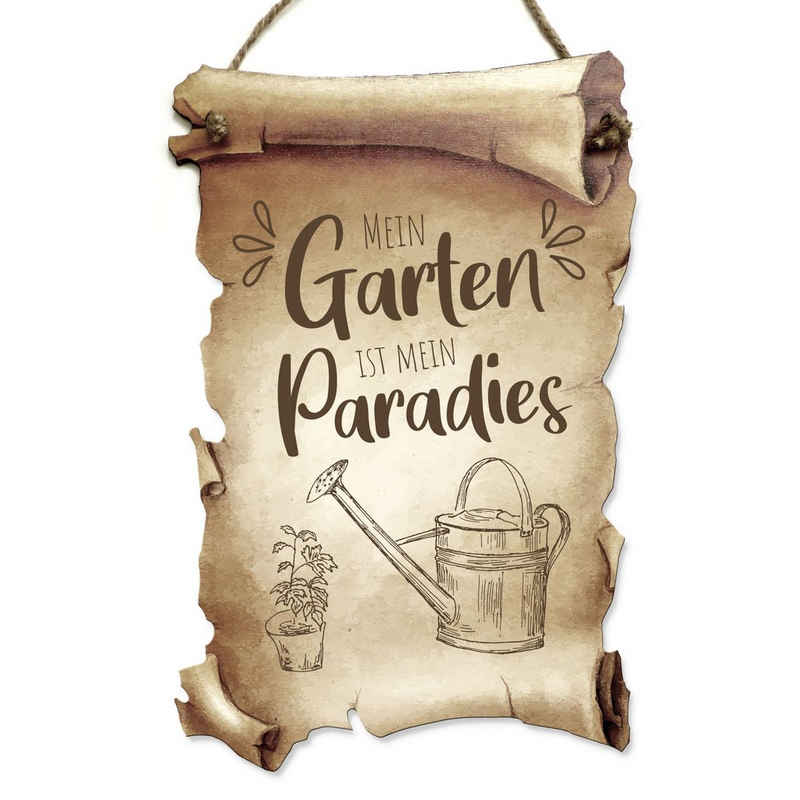 Kreative Feder Wanddekoobjekt Deko-Schild „Garten Paradies“ aus Holz in Schriftrollen-Optik, mit Motiv & Spruch, ideales Geschenk für Freunde & Familie