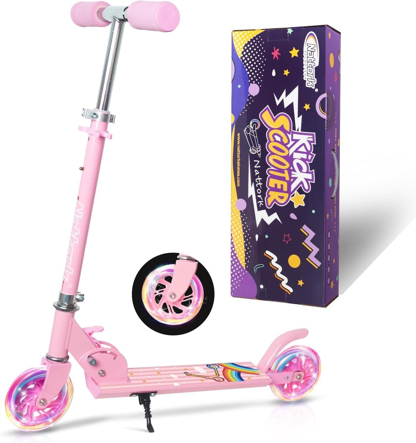 Nattork Scooter Kinder, Tretroller für Jungen & Mädchen, Tragbar, 50 kg Belastbarkeit, (1 tlg), Leichtes Faltdesign mit Bremssystem, höhenverstellbarem Lenker