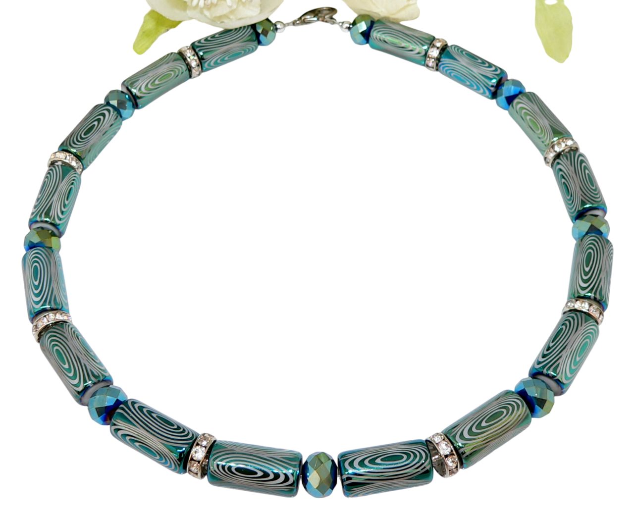 traumschmuck Collier 395a Collier Glaswalzen Perlen facettiert Strass opetrol blaugrün (Geschenk, Muttertag, Weihnachten, Geburtstag, Valentinstag, incl. Schmuckbox), handgefertigt, Made in Germany