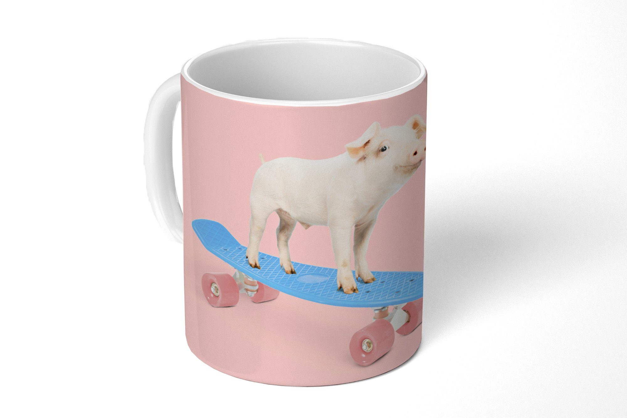 Kaffeetassen, - Rosa - MuchoWow Teetasse, Schwein Skateboard - Blau Tasse Geschenk Teetasse, Tiere, Becher, Keramik, -
