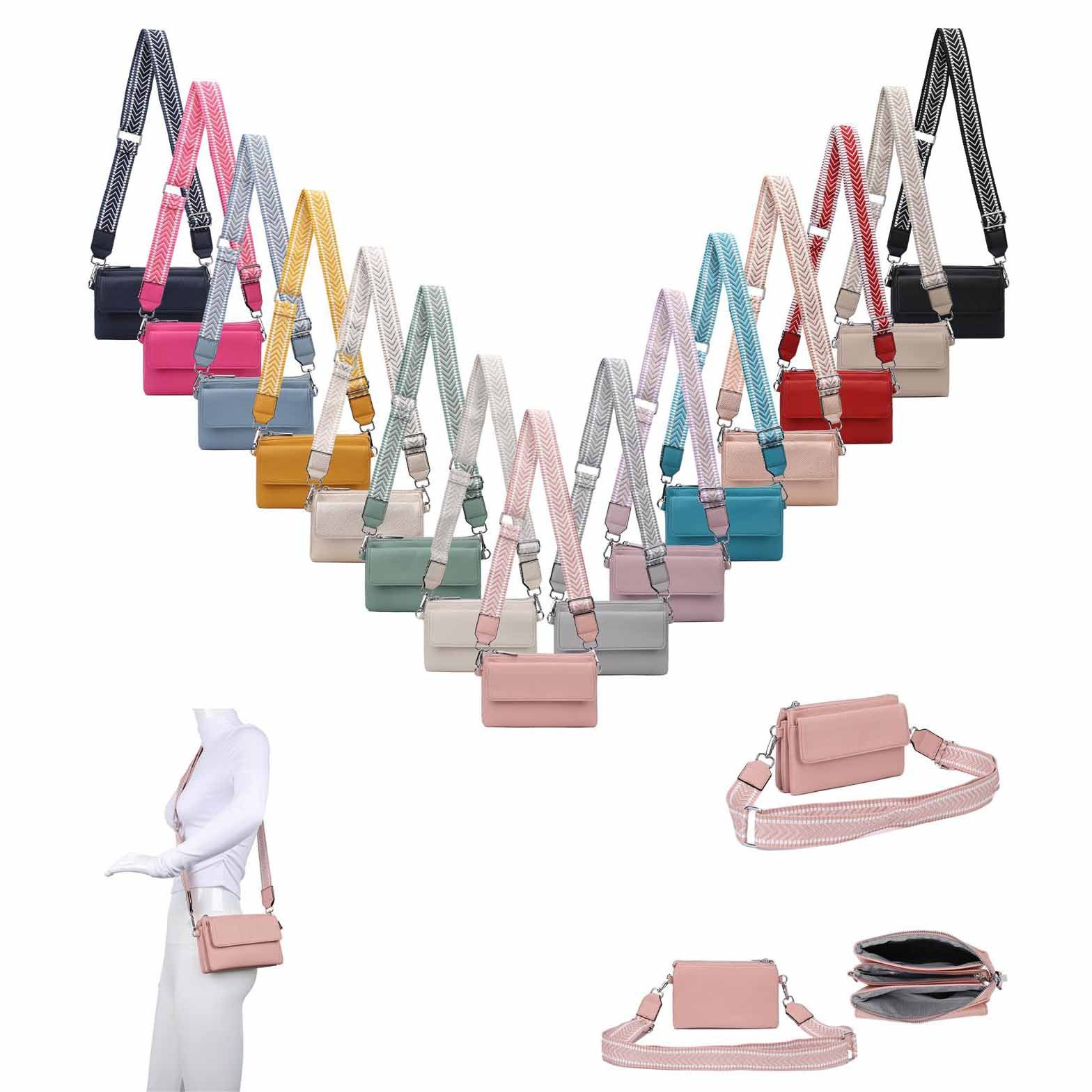 ITALYSHOP24 Geldbörse Damen Umhängetasche CrossBody Brieftasche Geldbörse Handytasche Reise (Tasche mit einem breitem Muster Stoffgurt/Umhängeband), Bodybag Cross Bag Schmucktasche Brieftasche Clutch Abendtasche