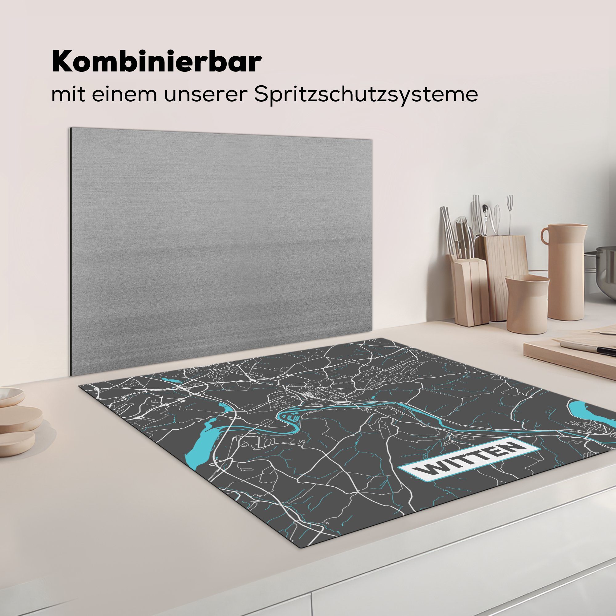 Herdblende-/Abdeckplatte Deutschland - (1 - tlg), MuchoWow küche - Stadtplan Ceranfeldabdeckung, Vinyl, Blau Karte Arbeitsplatte - cm, für Witten, 78x78