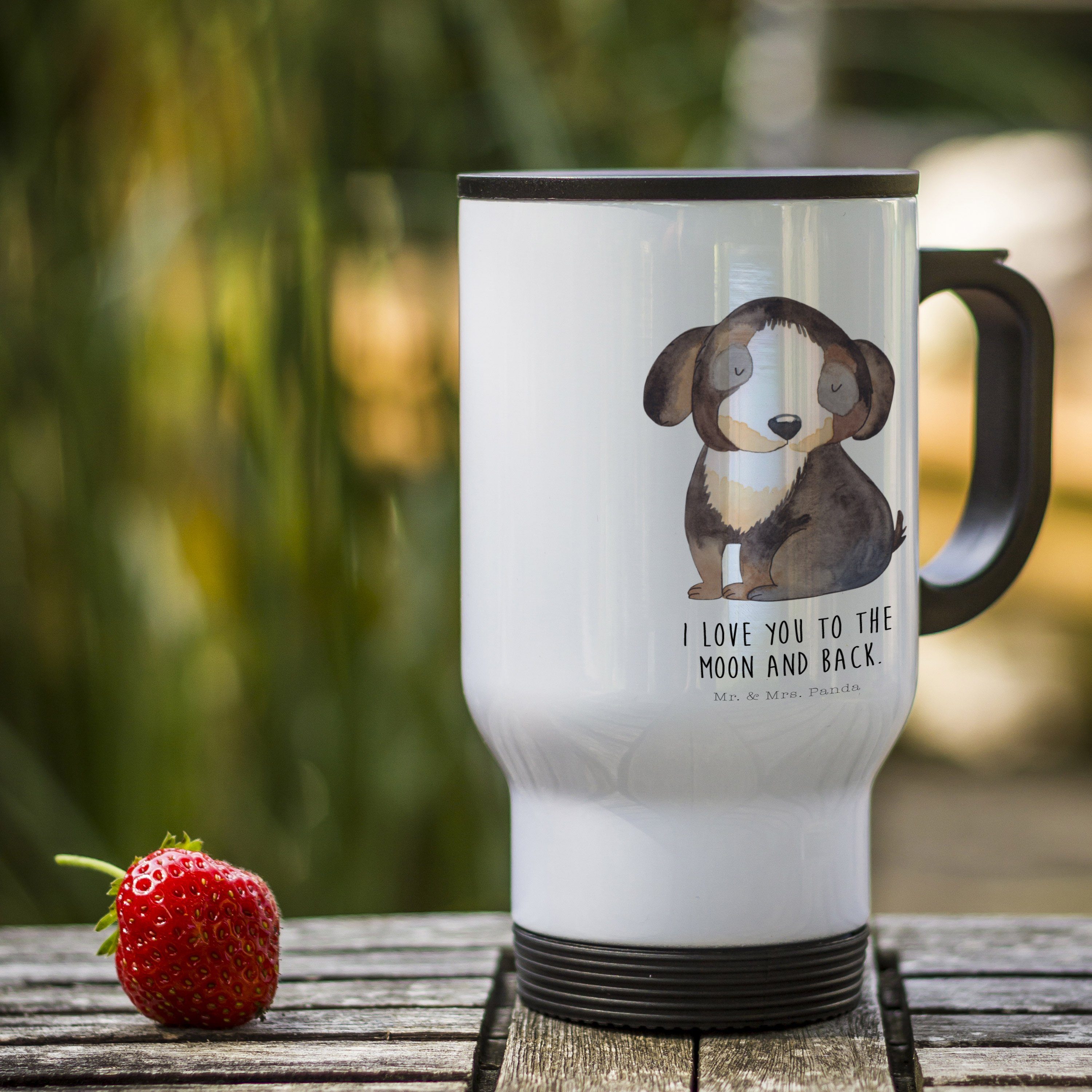 Mr. & Mrs. Panda Thermobecher Warmh, Go Hund, Weiß Geschenk, Edelstahl entspannt - Becher, Hund schwarzer - To