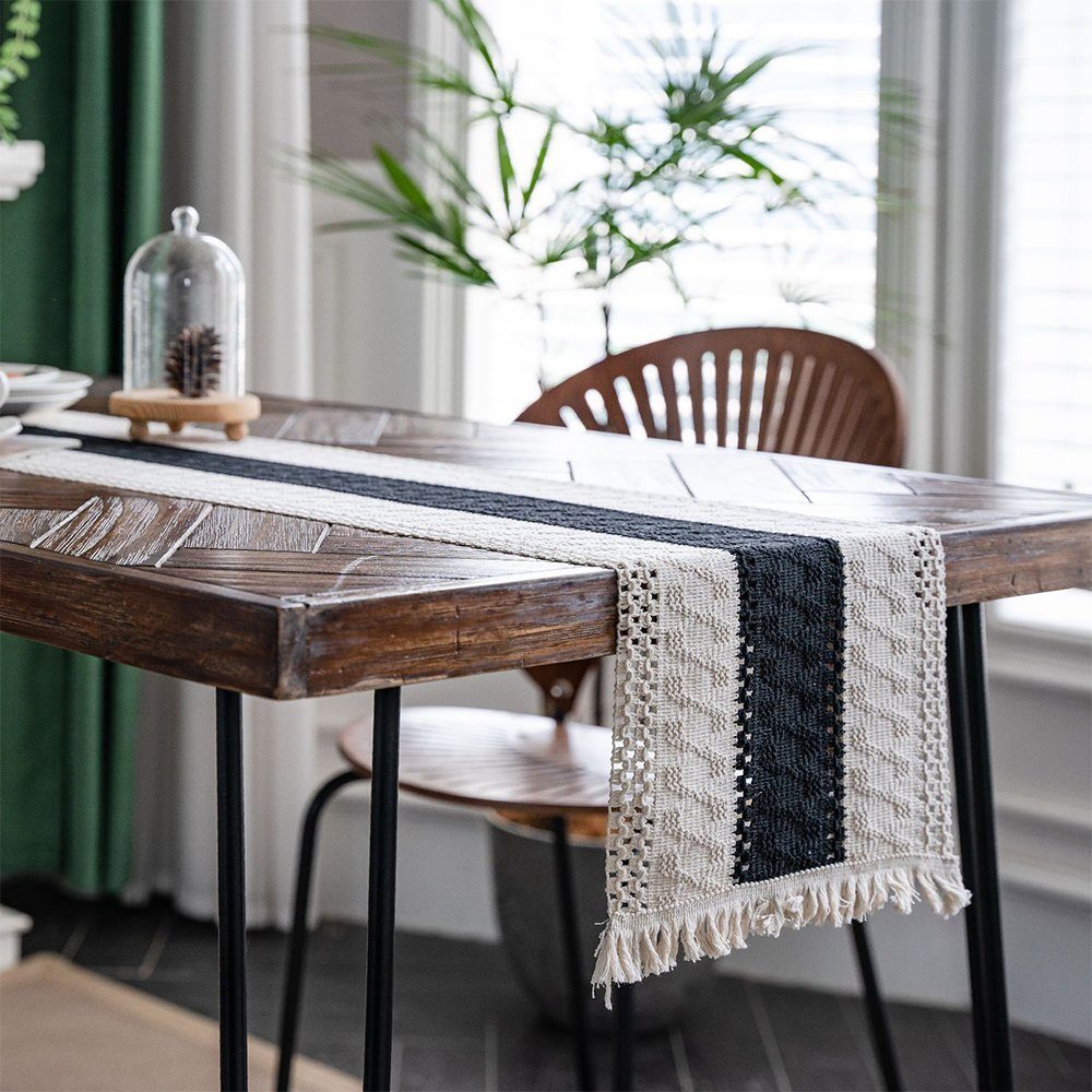 Zimtky Tischläufer Tischläufer gewebten grau Desktop-Dekoration mit Quasten, Tischläufer