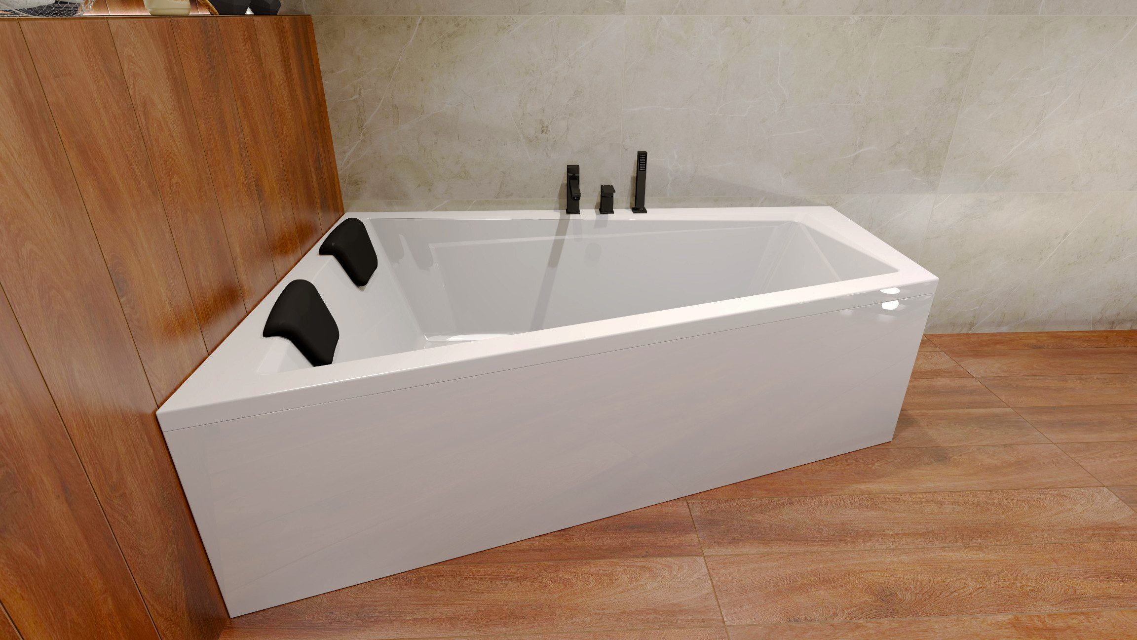 KOLMAN Badewanne Eckwanne 180x125 INTIMA Links mit AcrylSchürze + Kopfstütze, (IntimaSET), Ablaufgarnitur & Füße GRATIS