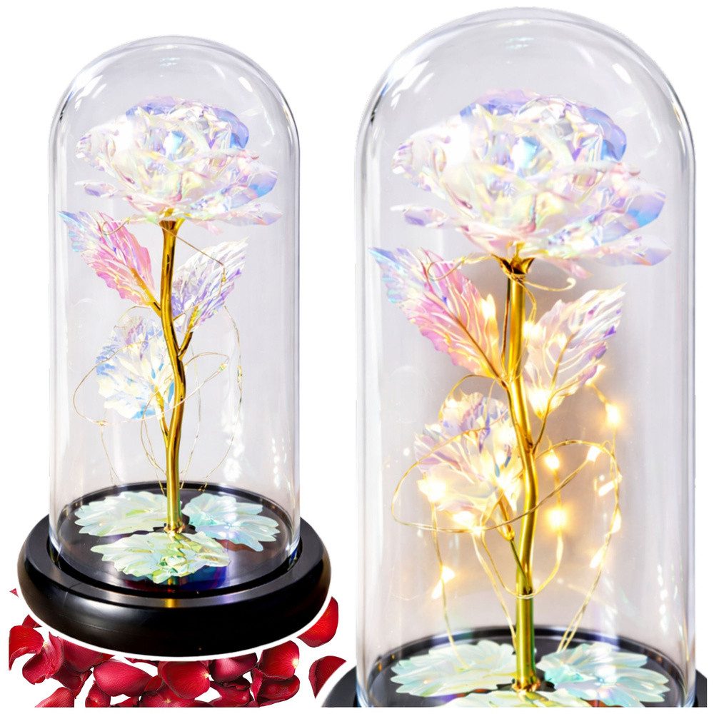 LEAN TOYS LED Dekolicht Rosenlicht Stimmungsleuchte Geschenkidee, LED-Beleuchtung, LED, warmweiß, Glaskuppel, LED-Lichterkette, Geschenkbox, batteriebetrieben