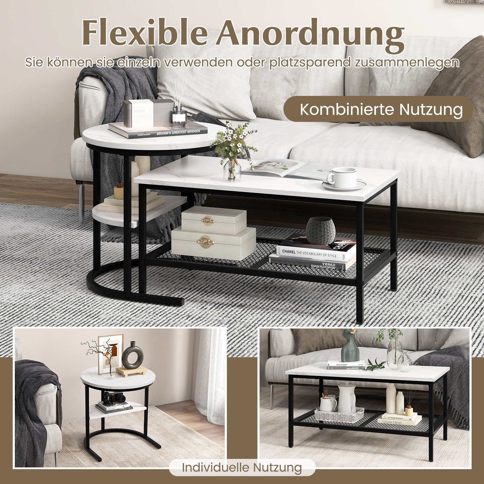 COSTWAY Couchtisch, 2er Set, Marmor, Beistelltisch mit Stauraum, Gold, Meta günstig online kaufen