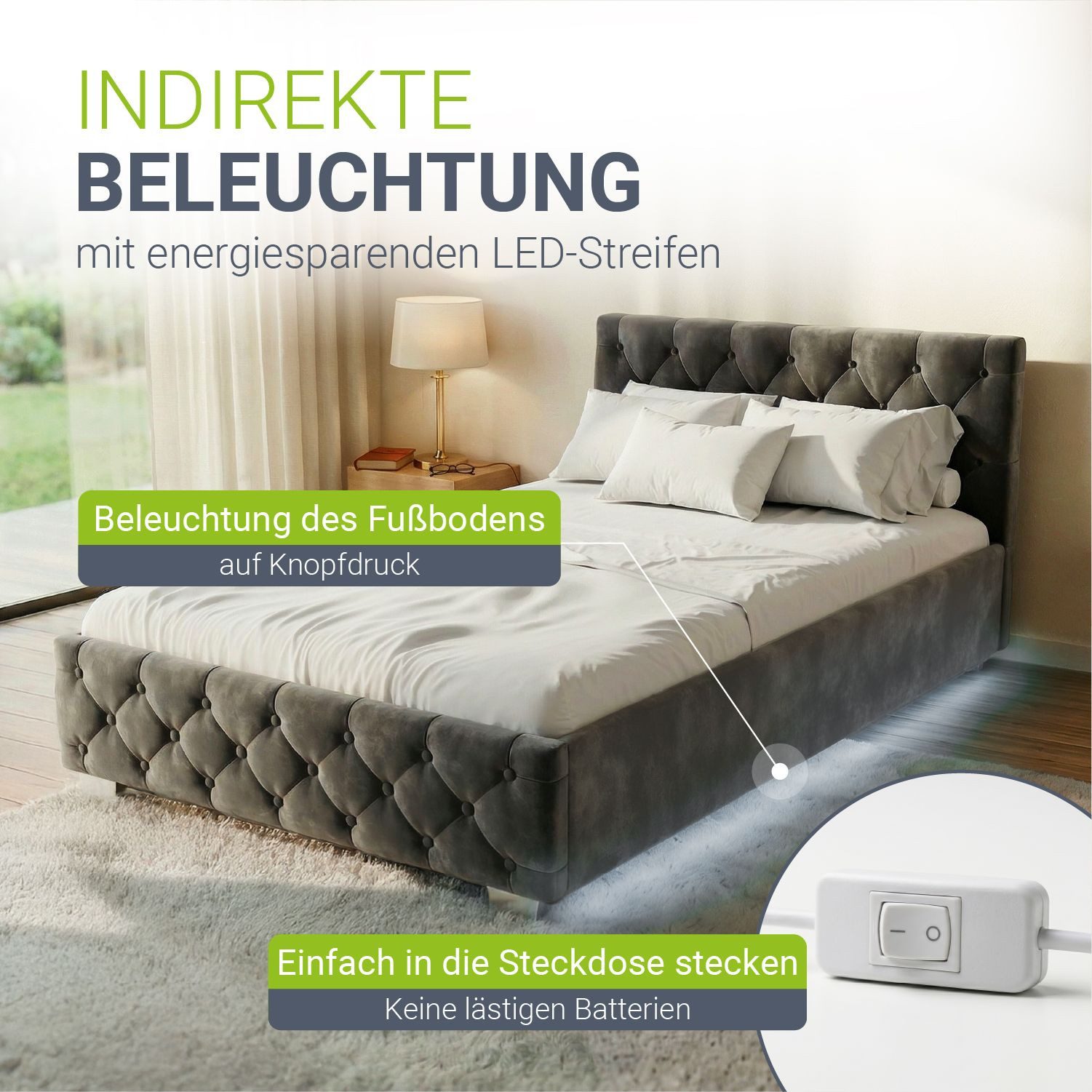 Juskys Polsterbett Nizza, Stauraum, LED Licht, Chesterfield Steppung, Samtbezug