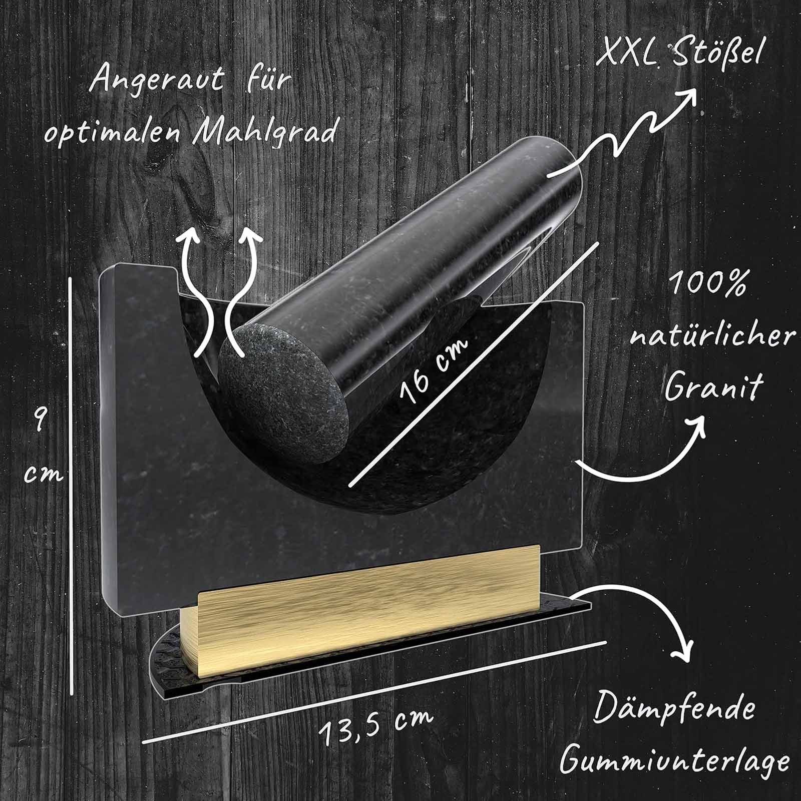 Marindo Mörser XL Granitmörser Gewürzmörser Groß Küchenmörser Steinmörser, mit Stößel und Rutschfeste Untersetzer ⌀ 14 x 8 cm