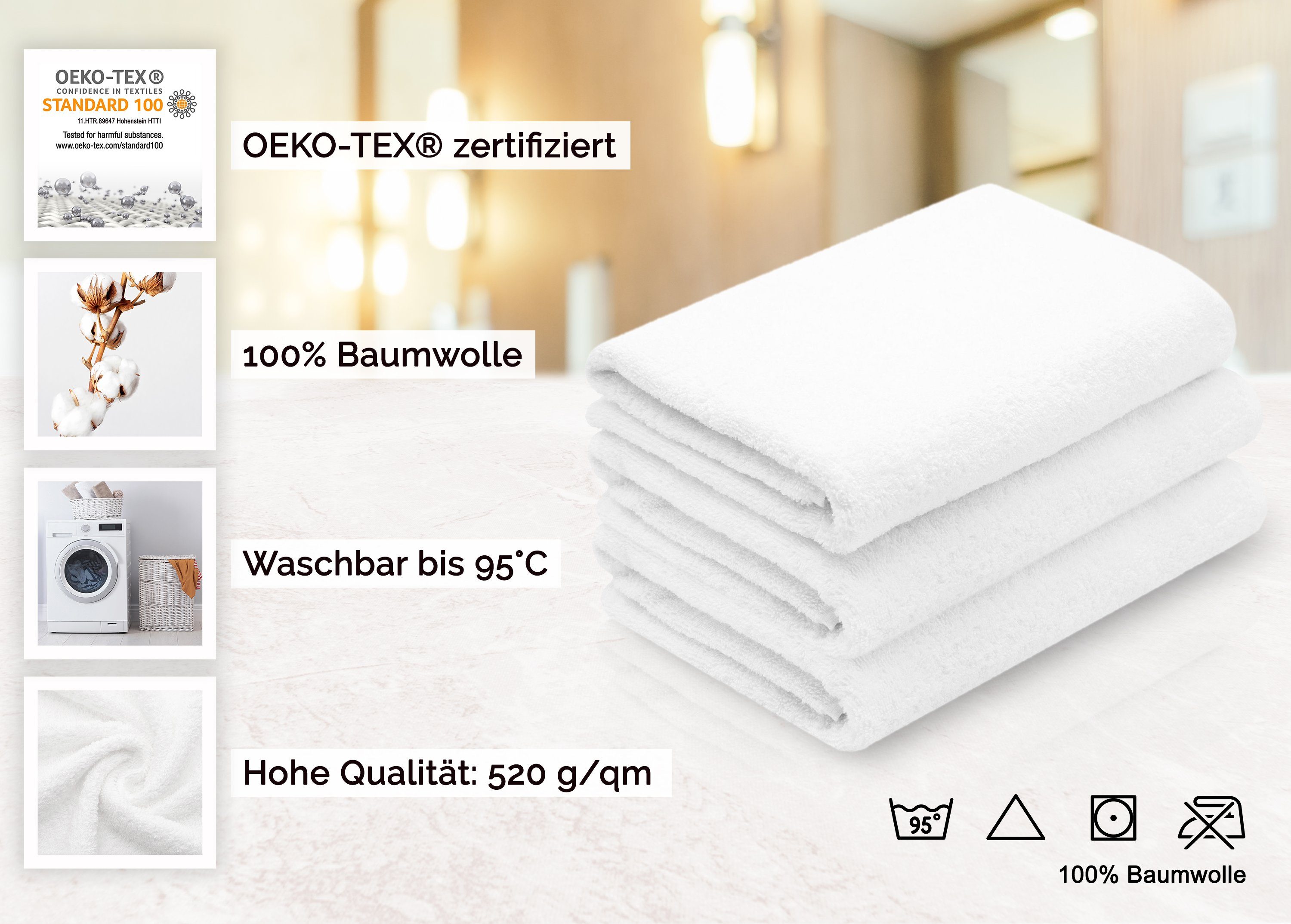 Hotelwäschespezialisten x 100% vom 140 70 Baumwolle, ZOLLNER cm, Duschtücher, weiß Walkfrottier (3-St),