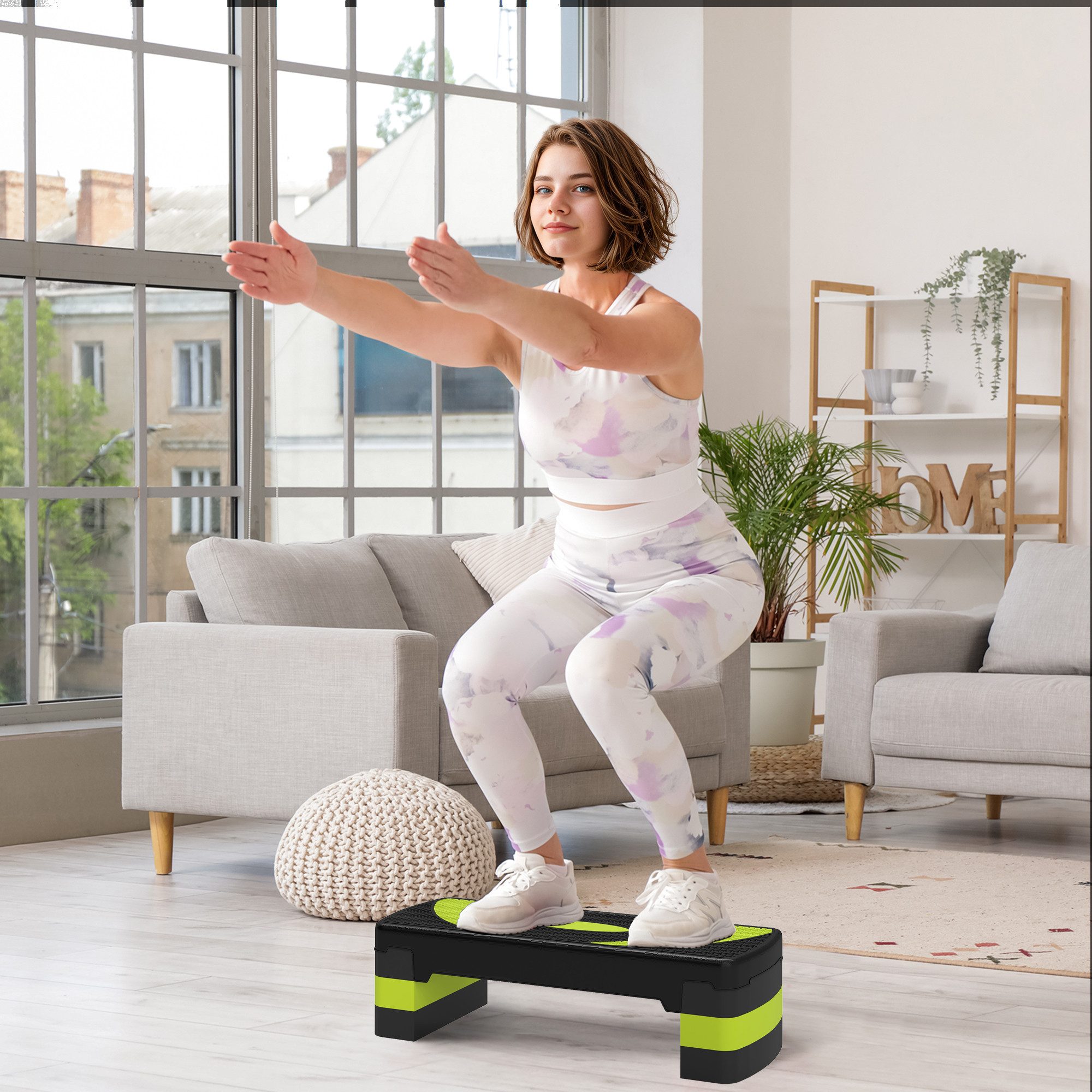 HOMCOM Stepper höhenverstellbar mit 3 Stufen, Fitness Heimtrainer (Aerobic-Stepper, 1-tlg., Steppbrett), für Indoor, Outdoor, Schwarz+Grün
