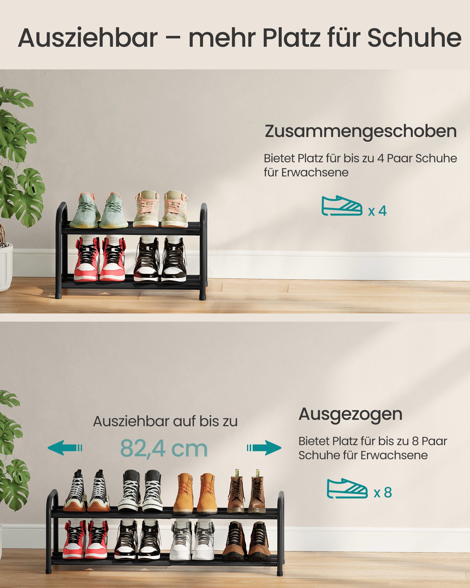 SONGMICS Schuhregal Schuhregal ausziehbar, Schuhablage, Schuh-Organizer, Metall mit verstellbaren Ablagen, 2/3 Ebenen