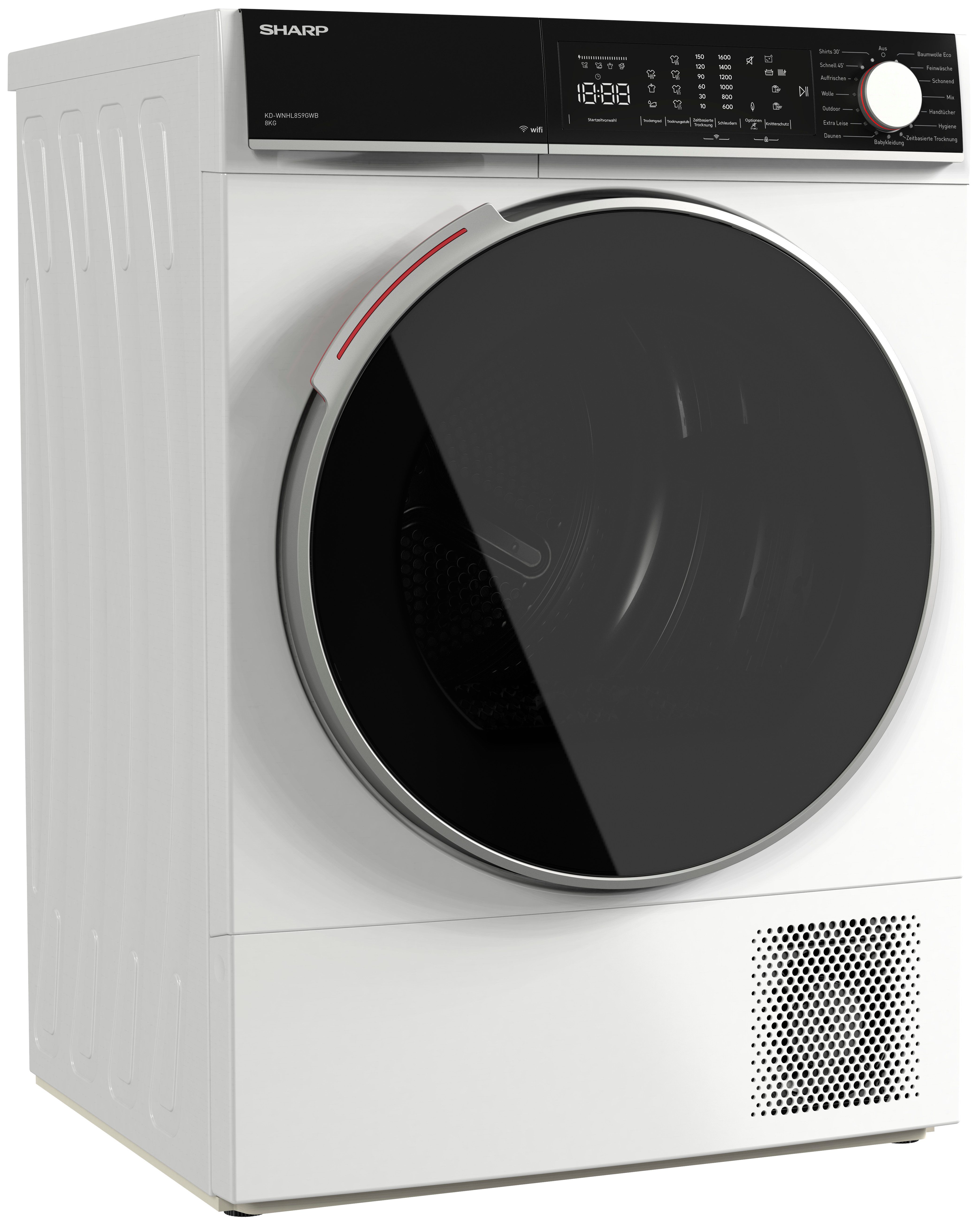 Sharp Wärmepumpentrockner KD-WNHL KD-WNHL8S9GWB-DE, WiFi, VeeZy App-Steuerung, BubbleDrum, Sensortrocknung, 15 Programme