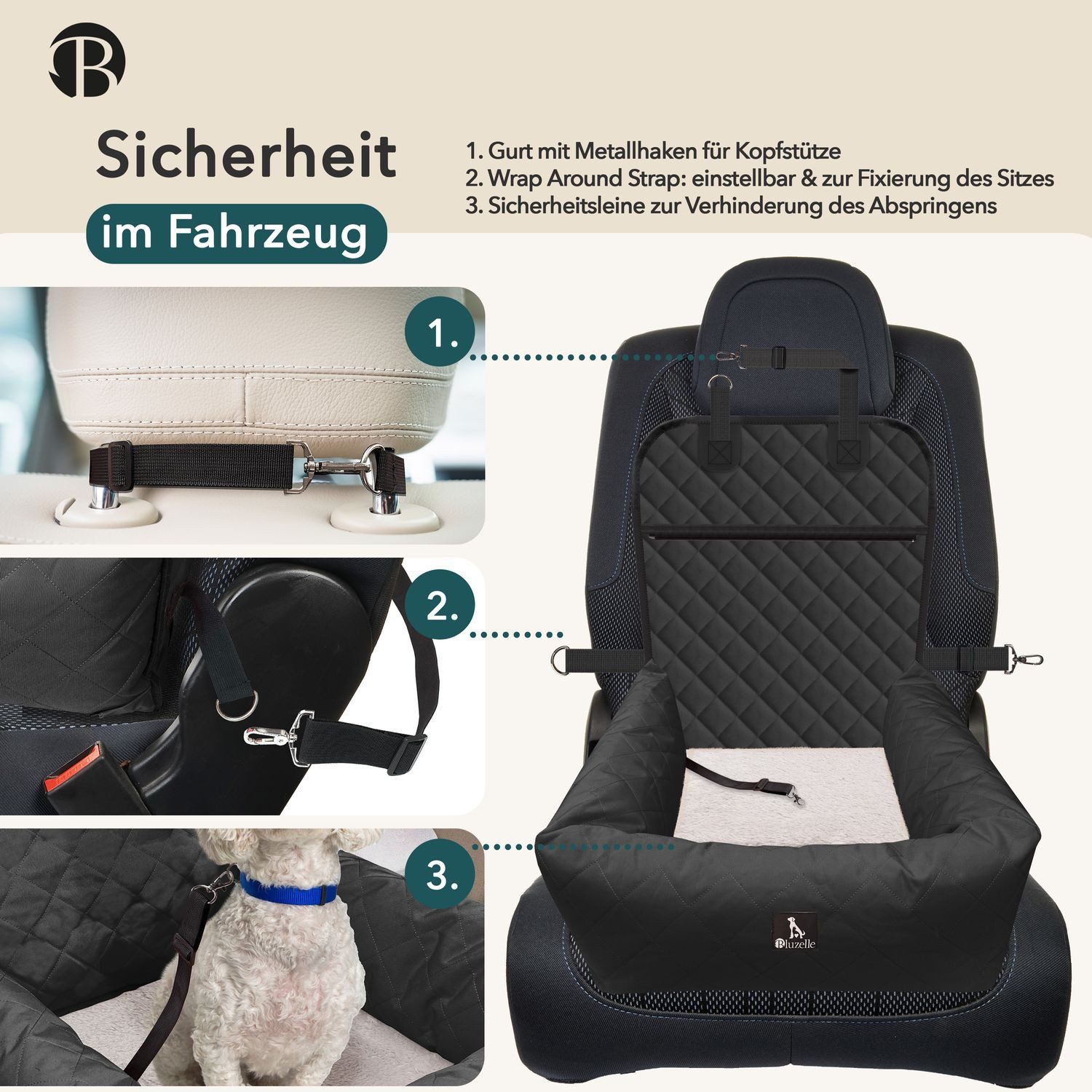 Bluzelle Hunde-Autositz Premium Hunde Autositz, 2-in-1 Hundebett, Haustier Auto Transport-Sitz, Wasserfester Oxford Stoff, Reise Hundesitz für Kleine & Mittlere Hunde / Waschbar Rutschfest