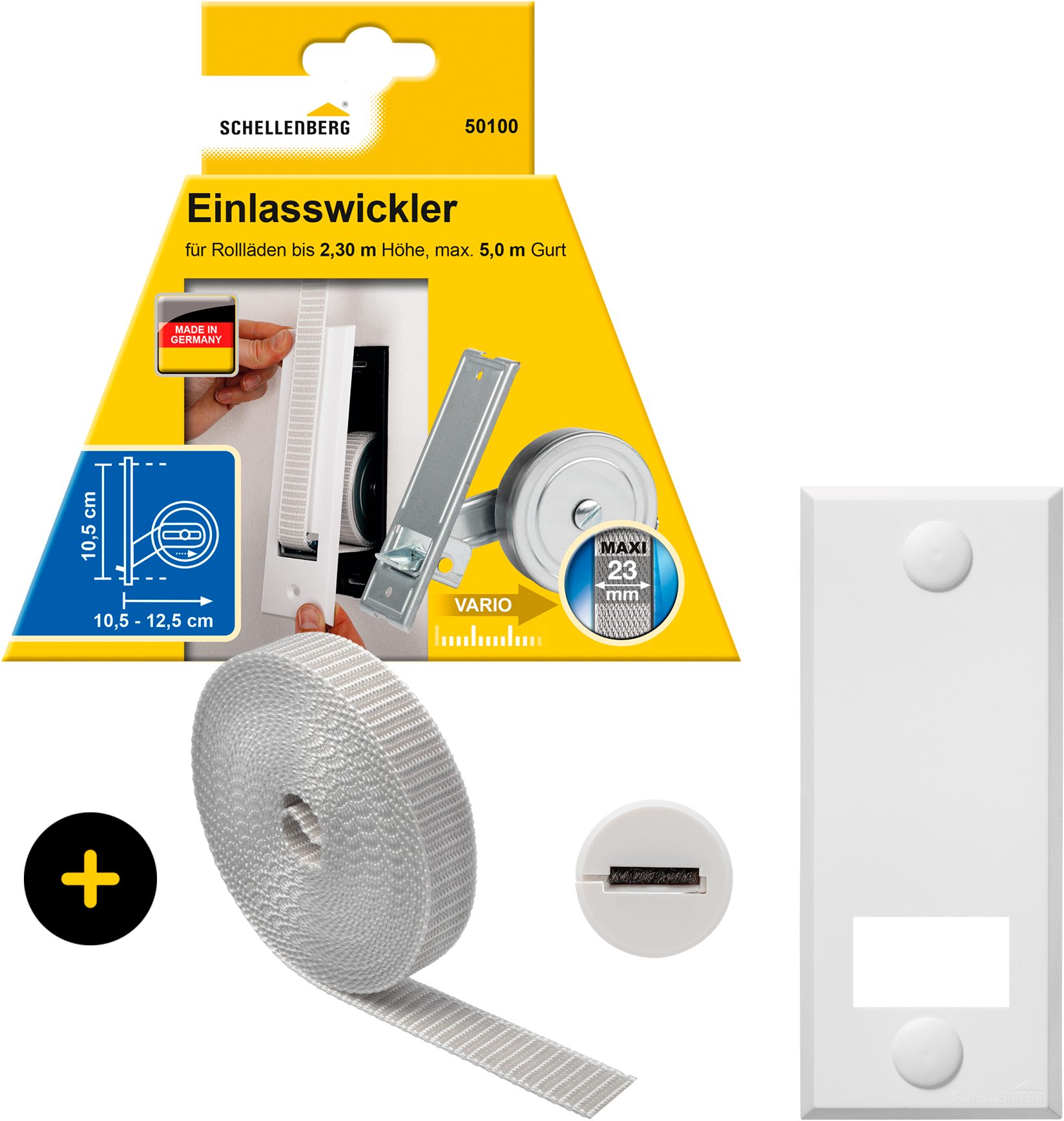 Einlass-Gurtwickler inkl. Abdeckplatte, Gurtführung, Rollladengurt grau oder weiß
