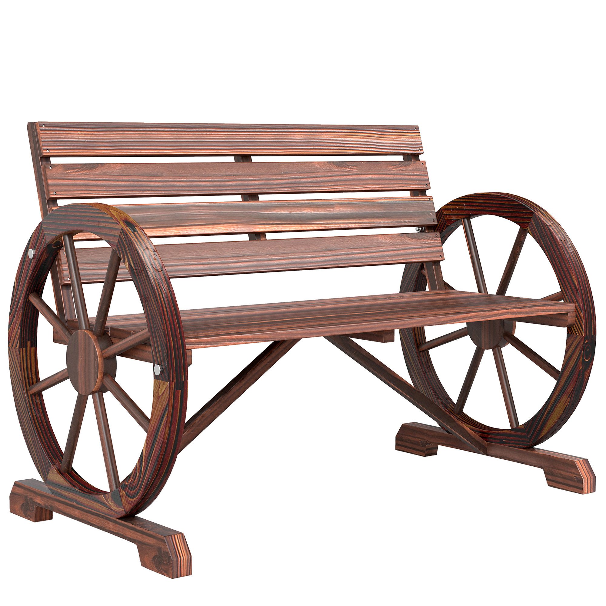 kowdom Gartenbank Gartenbank mit Wagenrad-Armlehnen, 2-Sitzer, Holz, 250 kg (Gartenbank, Einzelbank), Gartenbank, Wagenrad-Armlehnen, 2-Sitzer, 250 kg Belastbarkeit