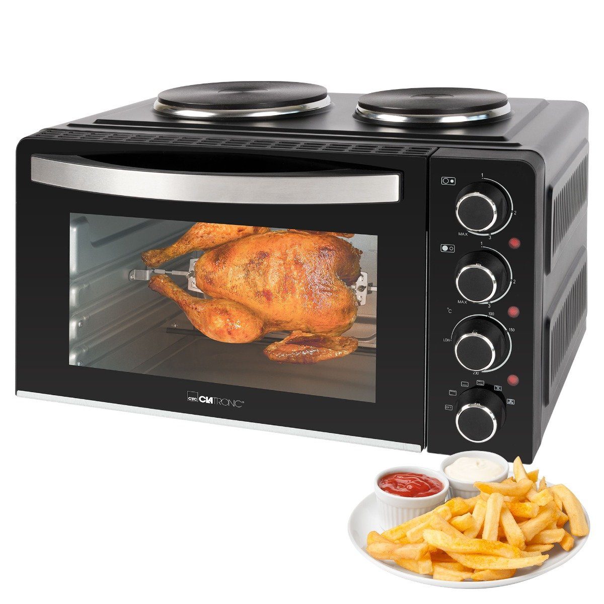 CLATRONIC Minibackofen KK 3786, Mini-Backofen mit Kochplatten und Drehspieß