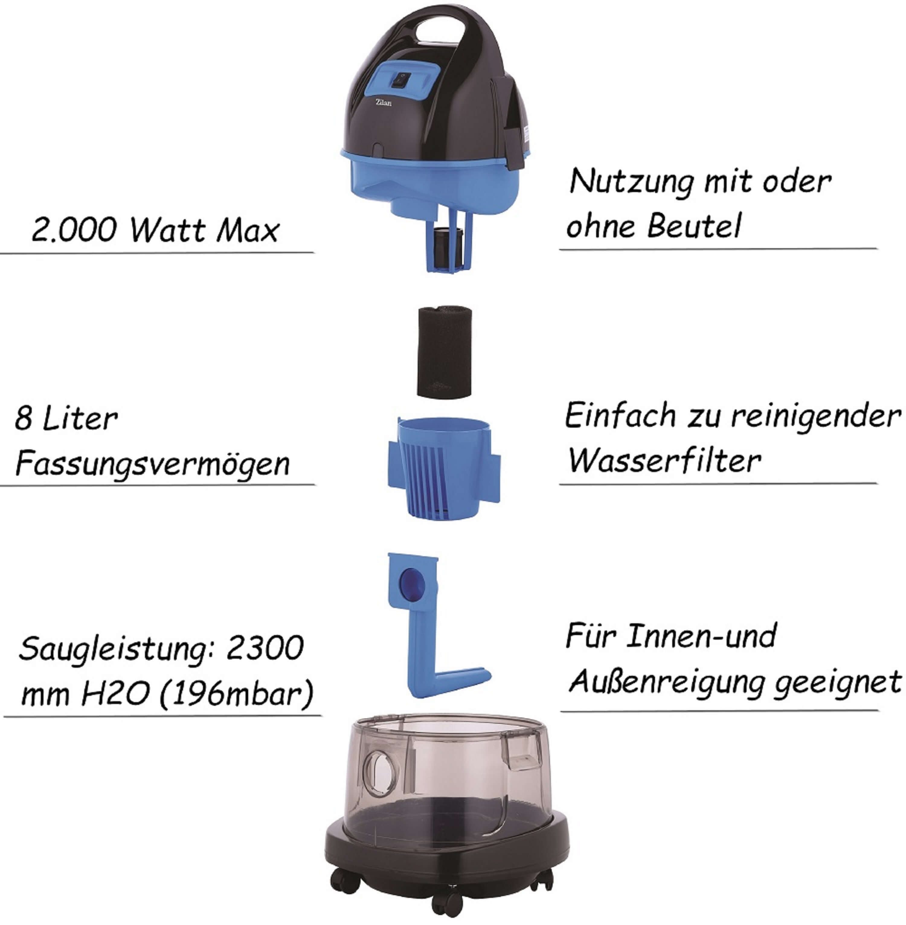 Zilan Bodenstaubsauger ZLN-8945G, 2000 W, beutellos, Wasserfilter,8 Liter,Tragegriff,Für Innen- und Außenreinigung