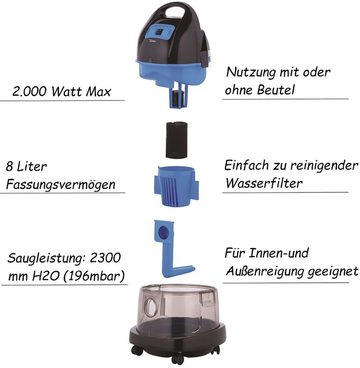 Zilan Bodenstaubsauger ZLN-8945G, 2000 W, beutellos, Wasserfilter,8 Liter,Tragegriff,Für Innen- und Außenreinigung