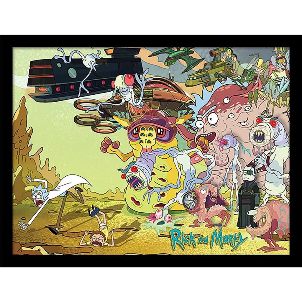Rick and Morty Bild mit Rahmen Creature Barrage, Kunstdruck