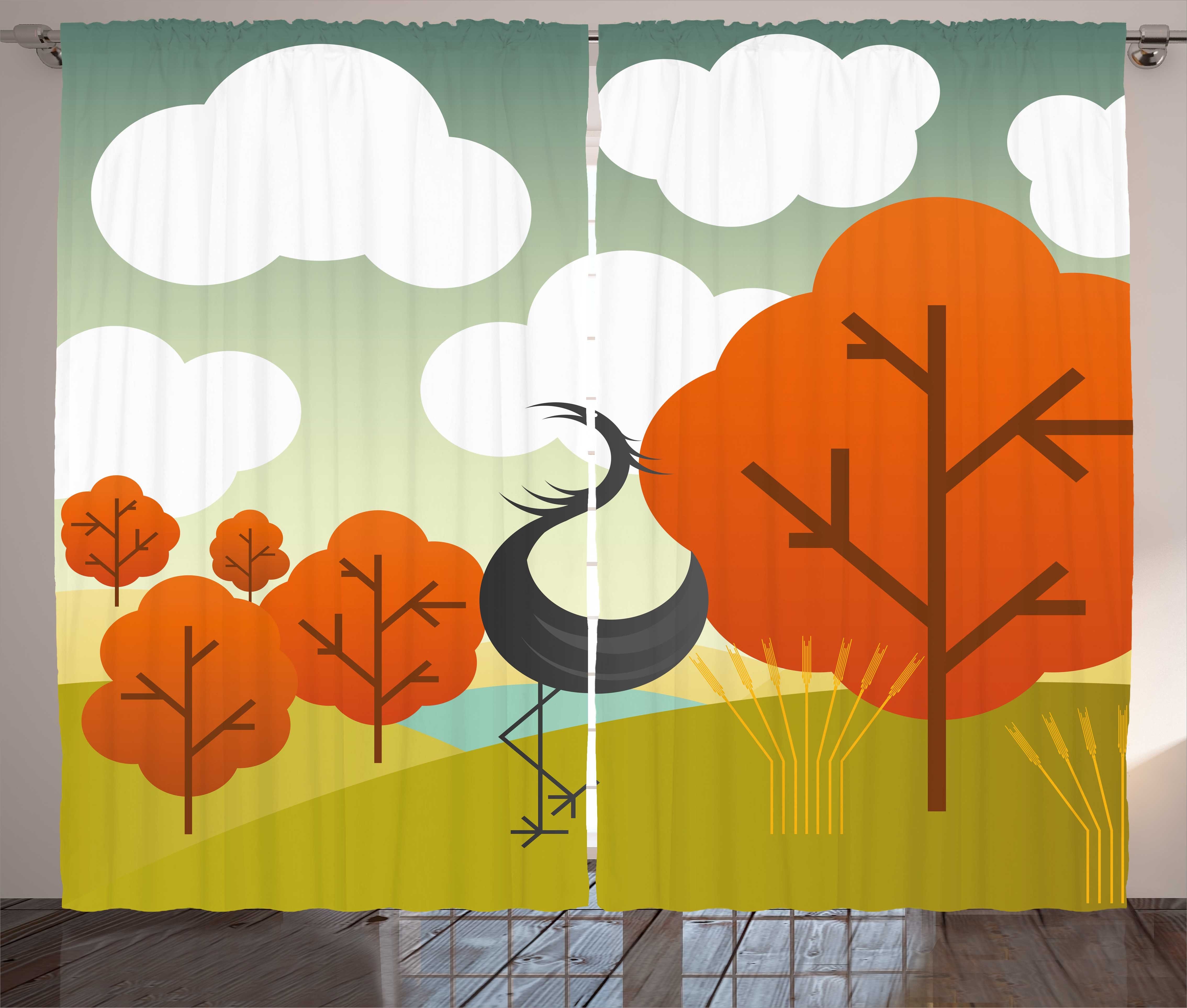 Schlaufen Gardine Kräuselband Abstrakt Wolke Schlafzimmer Haken, und Bäume Vorhang mit Vogel und Kran Abakuhaus,
