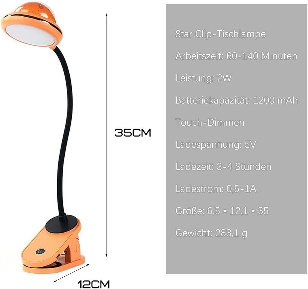 Orange Klemmleuchte,Schwanenhals Bettlampe,Stern-Tischlampe,1200mAh,Leselampe Nachttischlampe DOPWii