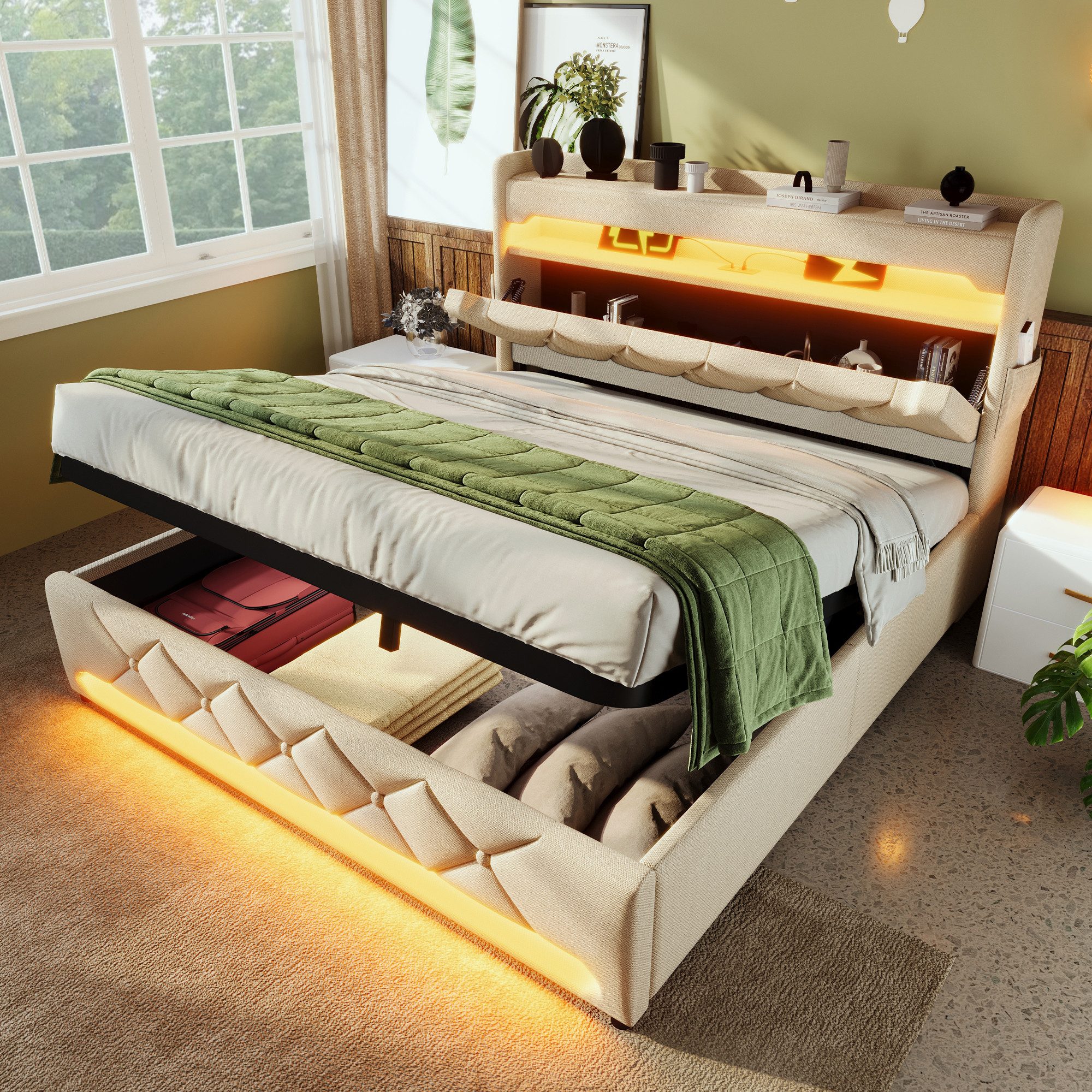 Flieks Polsterbett, Hydraulisches Stauraumbett Doppelbett 140x200cm mit LED günstig online kaufen