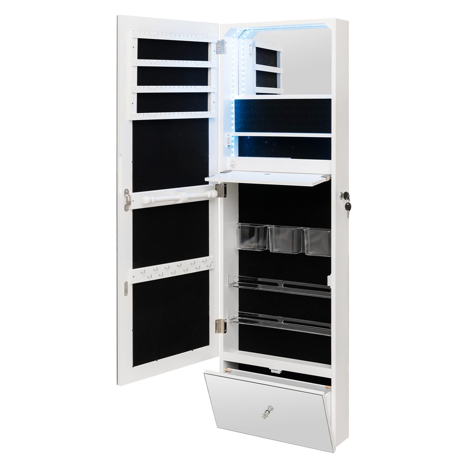 COSTWAY Schmuckschrank mit Spiegel, LED & abschließbarer Tür, hängend, weiß