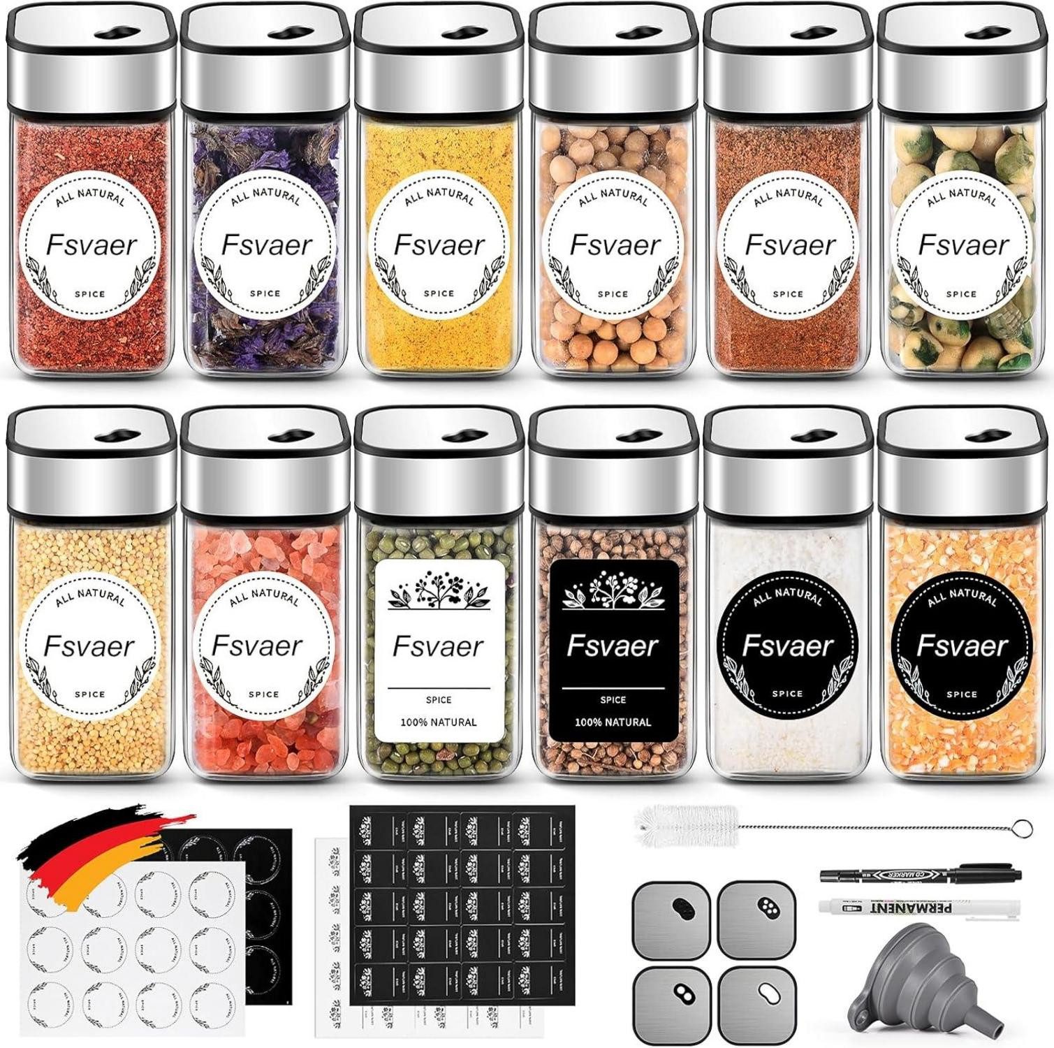 LuxusKollektion Einweggläser 12 Gewürzgläser Eckig 120ML mit Streueinsatz Drehdeckel Edelstahl-Glas