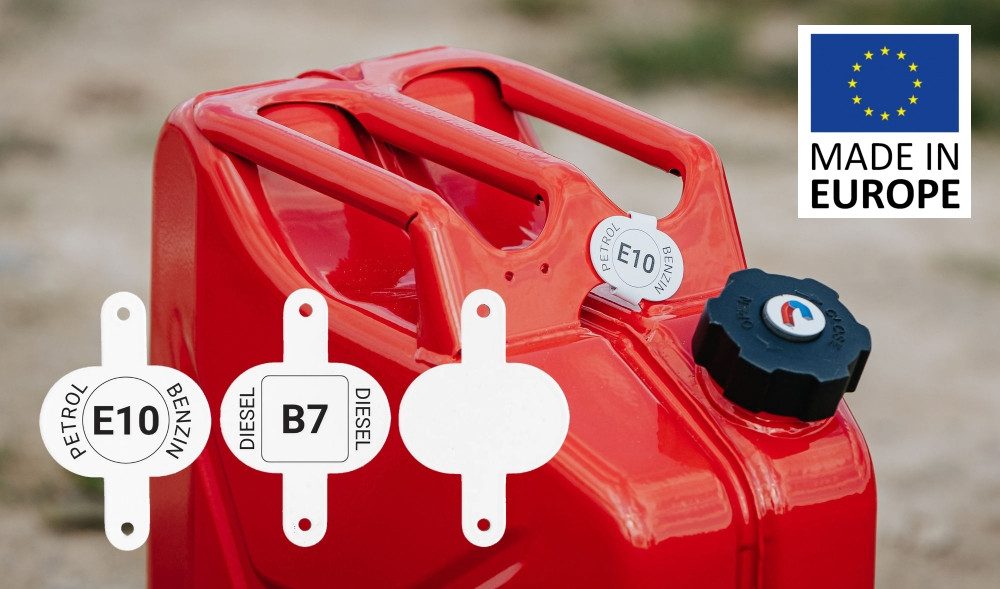 BW Benzinkanister Clip für Kraftstoffkenneichnung für Metall Kraftstoffkanister (für 5L,10L und 20L Metall Kanister, Made in Europe), mit Kennzeichnung Benzin E10, Diesel B7, Neutral