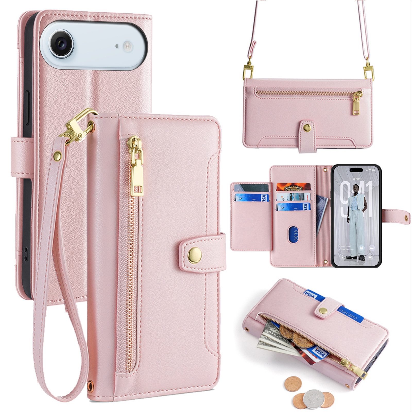 betterfon Handykette mit Portemonnaie für iPhone -Handyhülle Kartenfächern, TPU-Silikon (Hülle) & geflochtenes PPM mit Metallenden (Schnur)