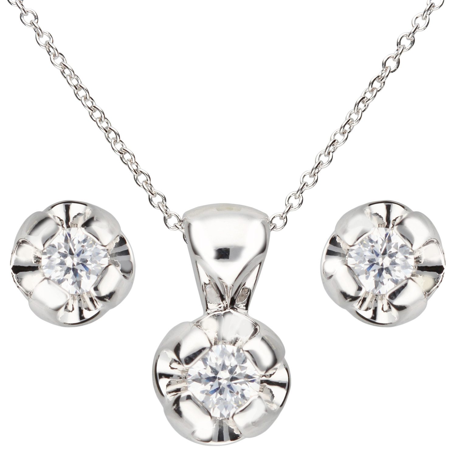 LÖB Ohrring und Ketten Set Silber Ohrringe Kette Zirkonia Stein Blumen Anhänger Set Schmuckset (Geschenke für Frauen Beste Freundin Mutter Mama Damen zum Geburtstag Weihnachten Weihnachtsgeschenke, Inkl. Schmuckbox), 18K Weißgold vergoldet Haslkette Ohrstecker Strass Glitzer Tropfen
