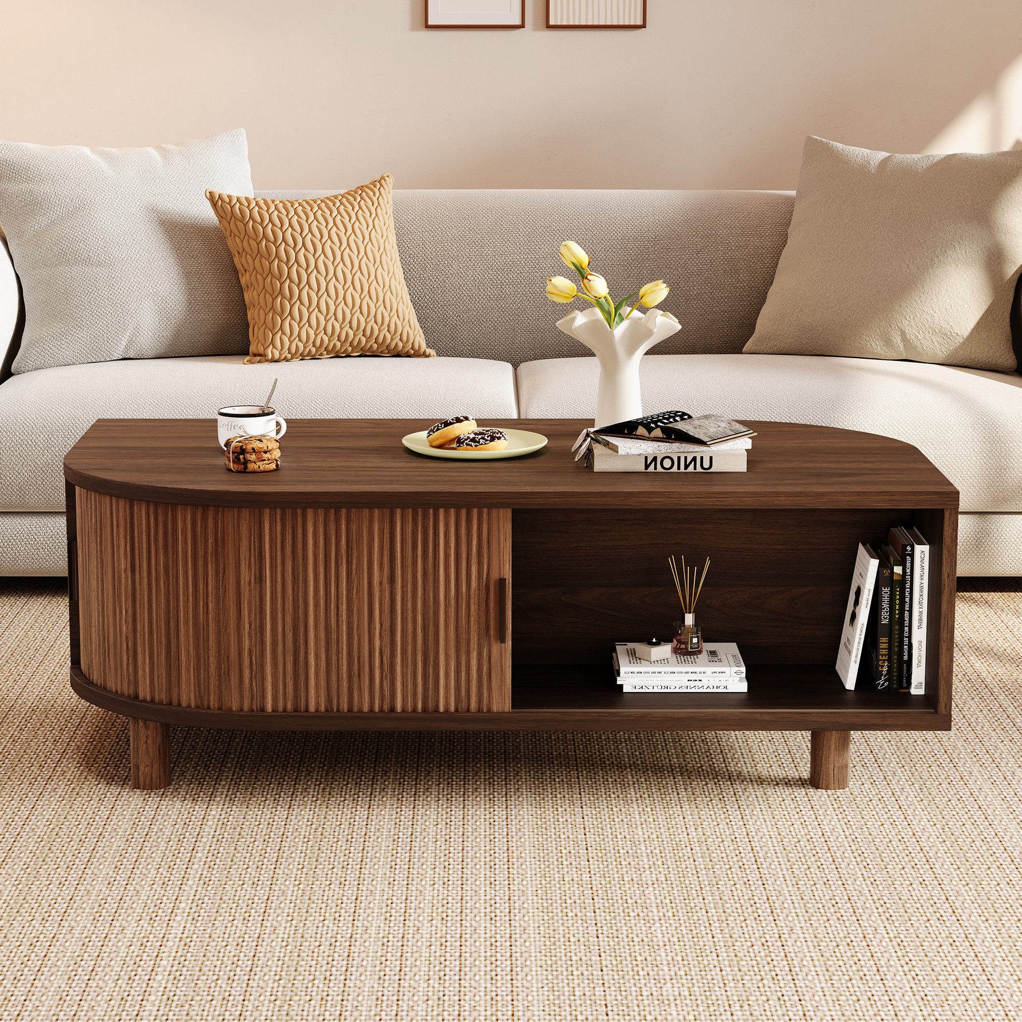 KLAM HOME Couchtisch Couchtisch 100cm mit 2 Schiebetüren & Stauraum fürs Wohnzimmer (Sofatisch in Hellholz oder Walnuss mit 4 Holzbeinen), …