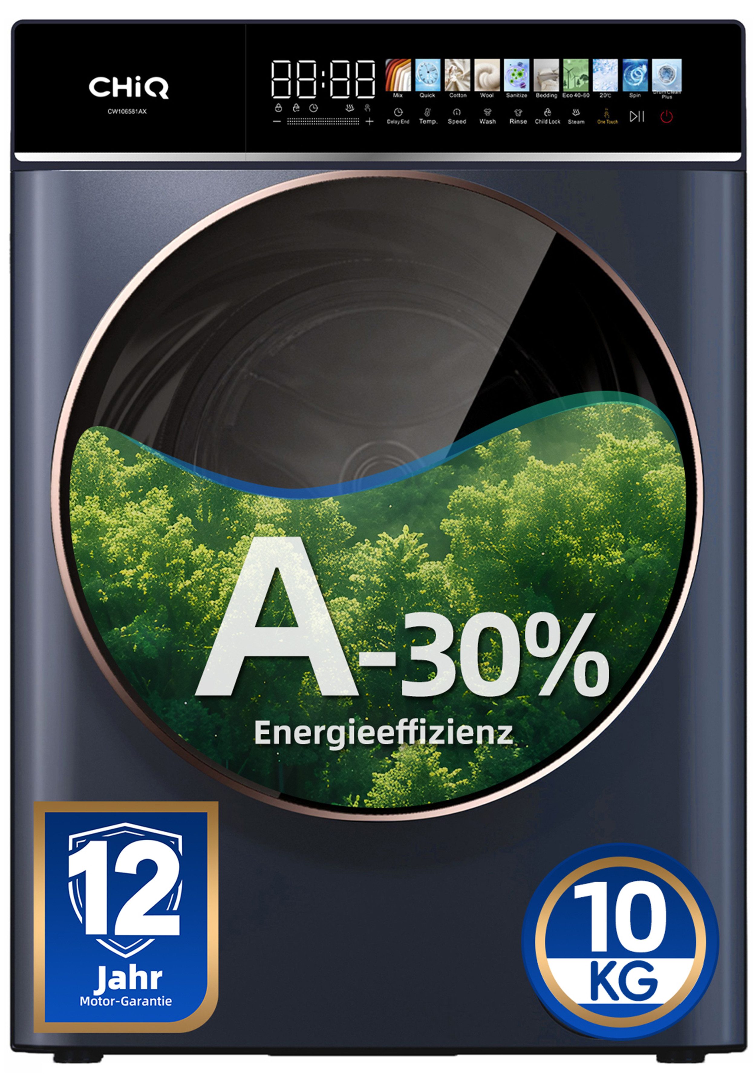 CHiQ Waschmaschine mit LED-Touch-Display CW106581AX, 10 kg, 1400 U/min, 15 Min. Schnell, EEK A-30%, 12-Jahre-Garantie auf Kompressor