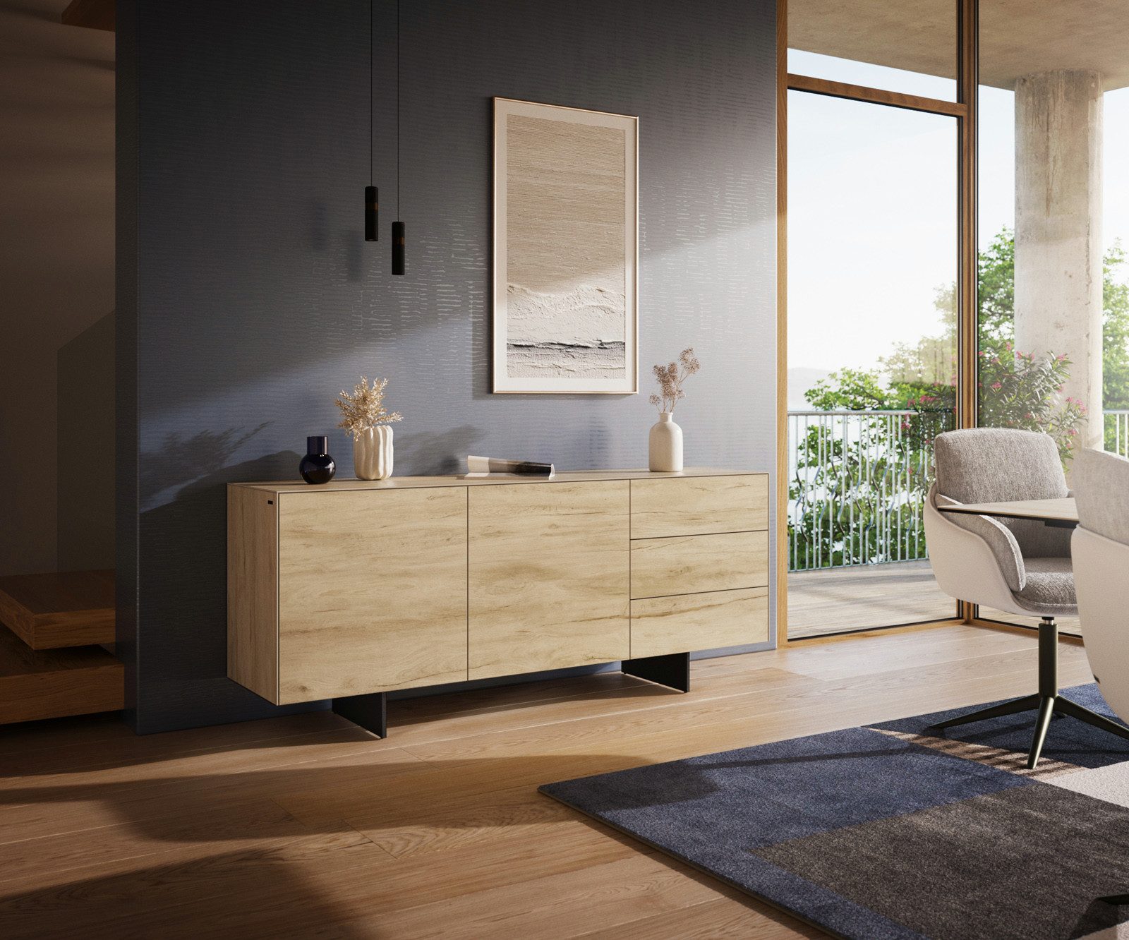 DELIFE Sideboard Cuor, Keramik Laminam® Sabbia Eichefarbig 180 cm 2 Türen 3 Schubfächer Fuß S